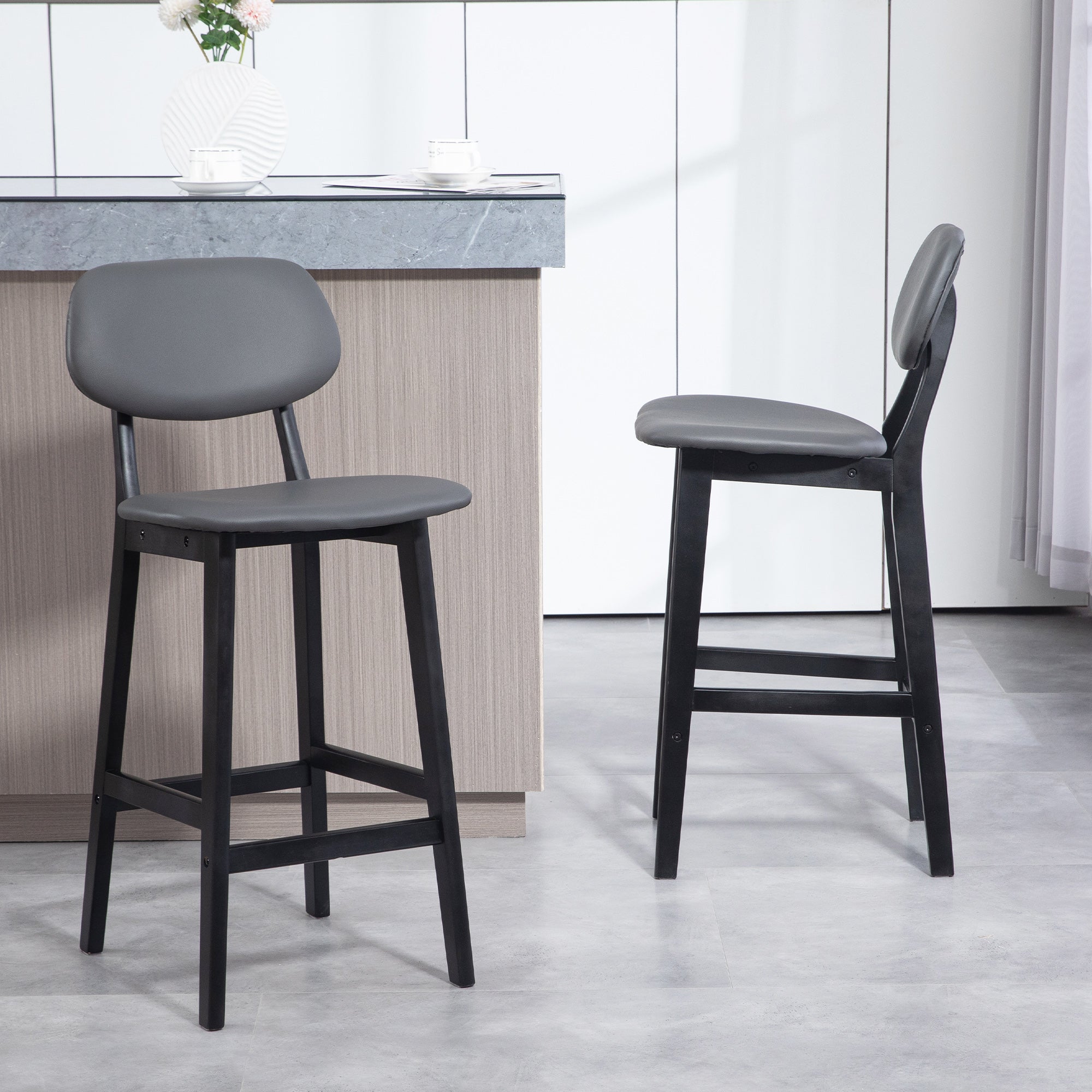 HOMCOM Bar Stools Set of 2, Contemporary Breakfast Bar Chairs, Faux Leather Upholstered Kitchen Stools with Backs and  Solid Wood Legs, Dark Grey