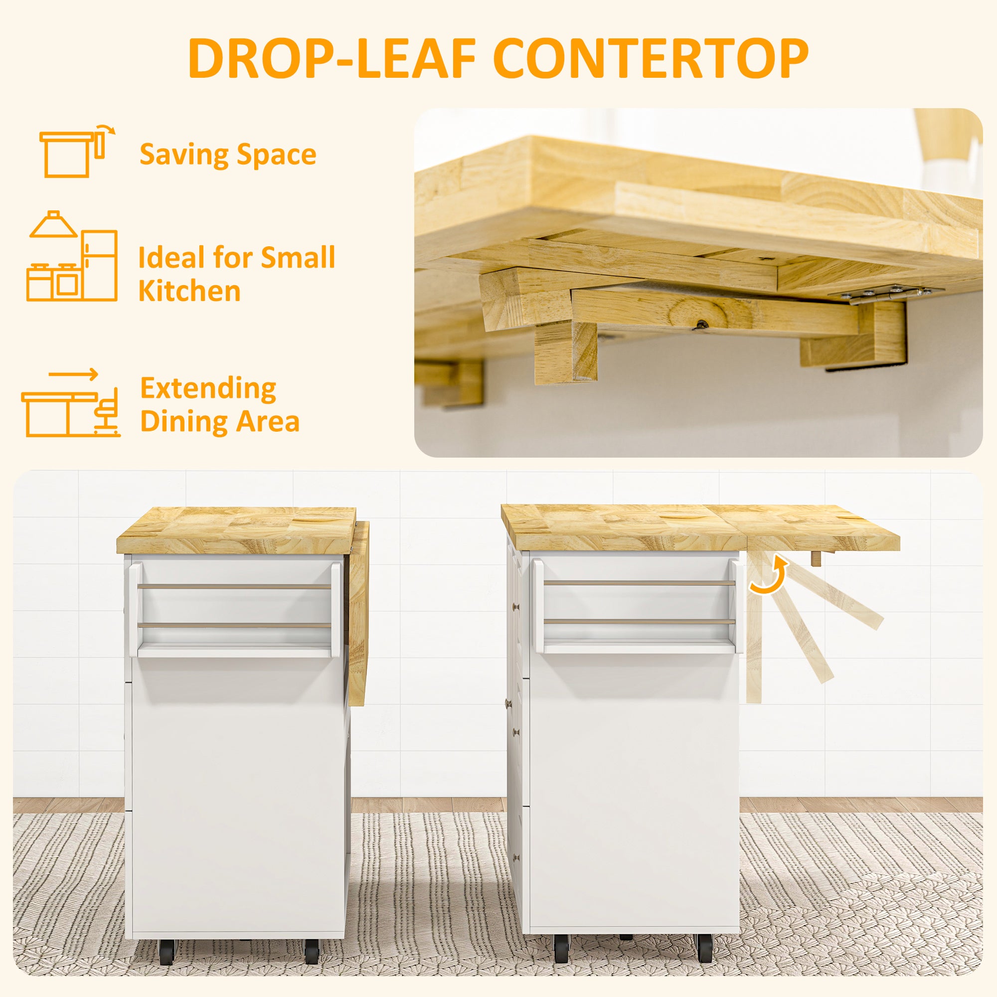 HOMCOM Drop-Leaf Kitchen Island on Wheels Utility Storage Cart with Drawers & Cabinet for Kitchen, Dining & Living Room - North Peak Garden Furniture