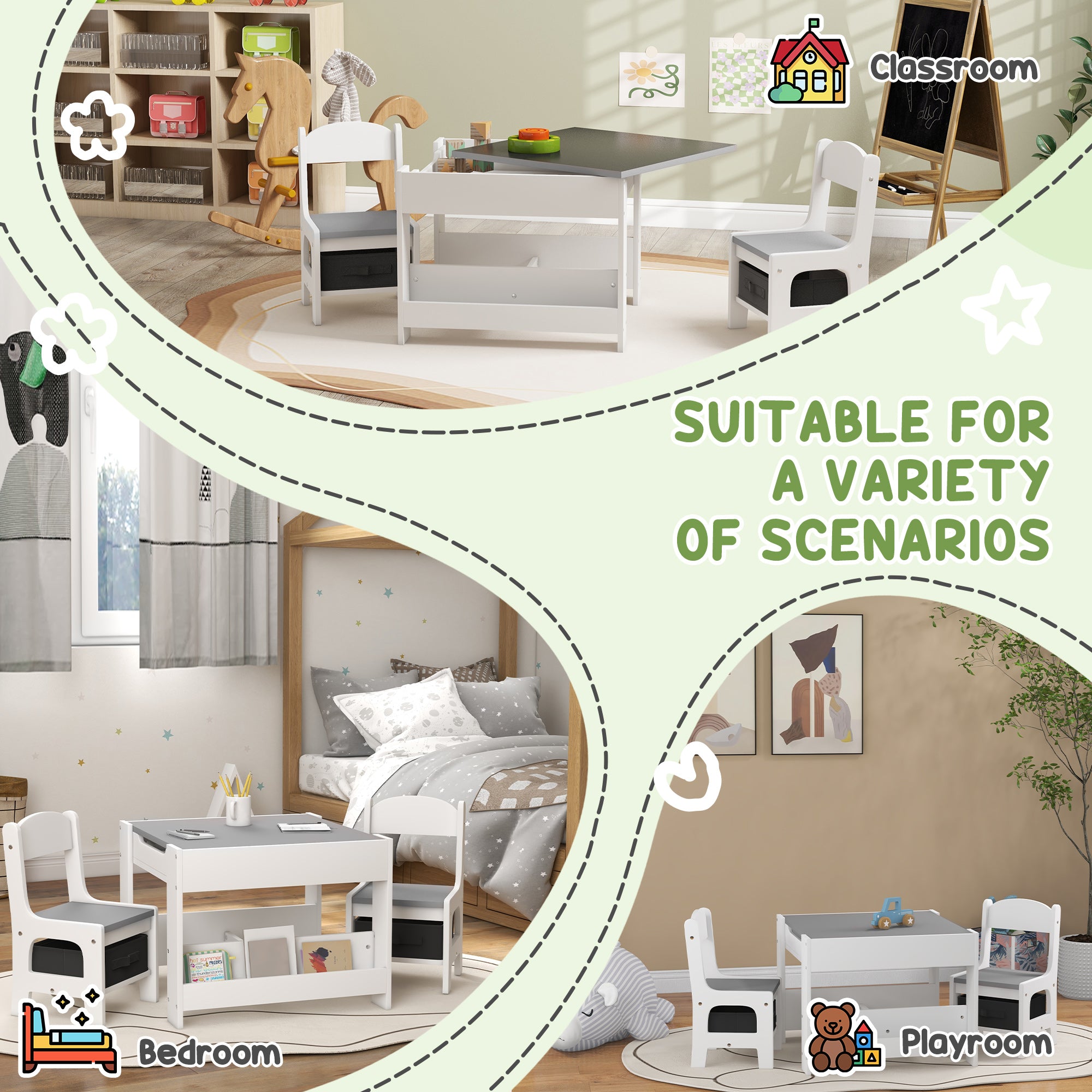 HOMCOM Three-Piece Kids Table and Chair Set with Blackboard, Storage, Bookshelves - Grey - North Peak Garden Furniture