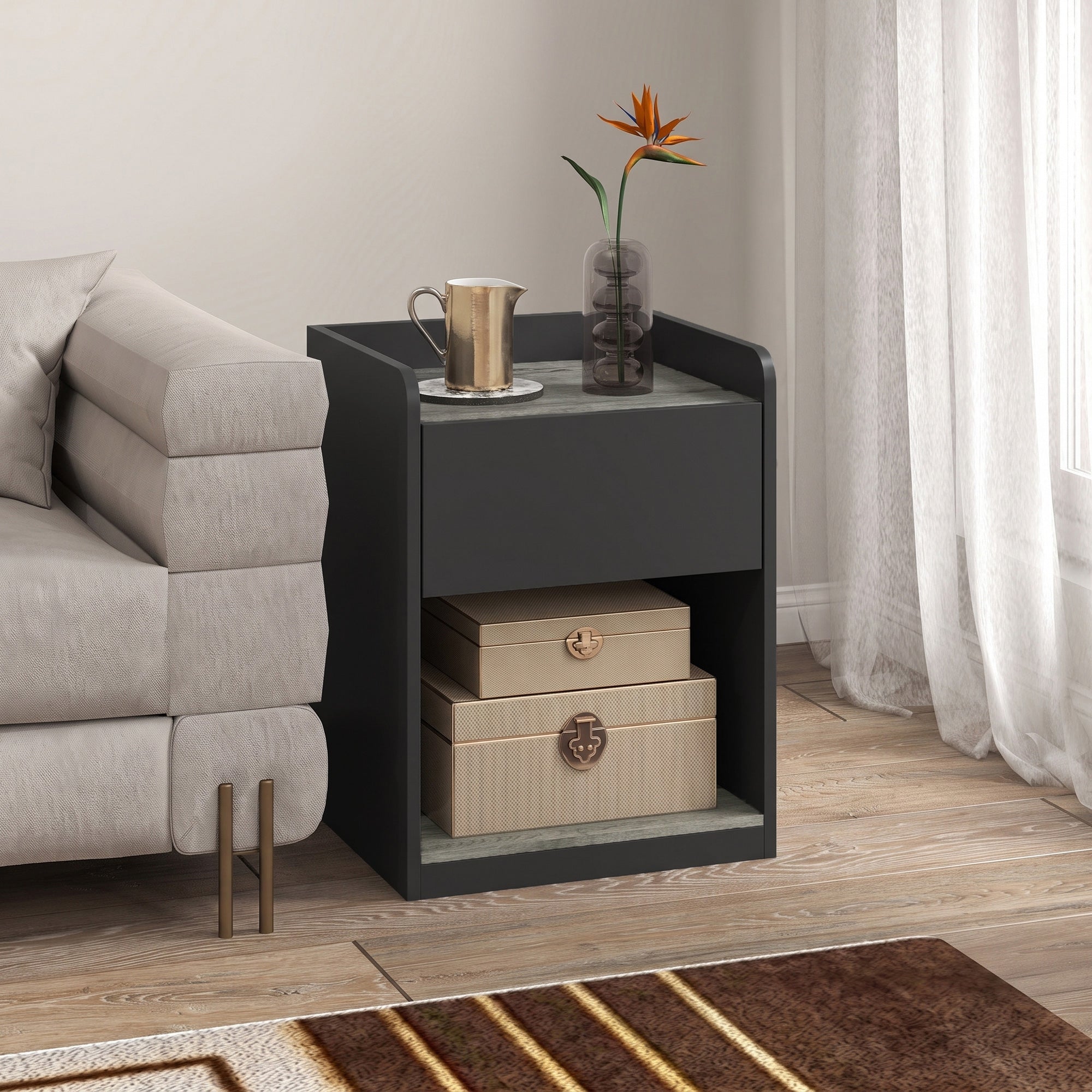 HOMCOM Modern Bedside Table, Slim Nightstand with Drawer, Shelf and Cable Holes, Black and Grey Wood Effect
