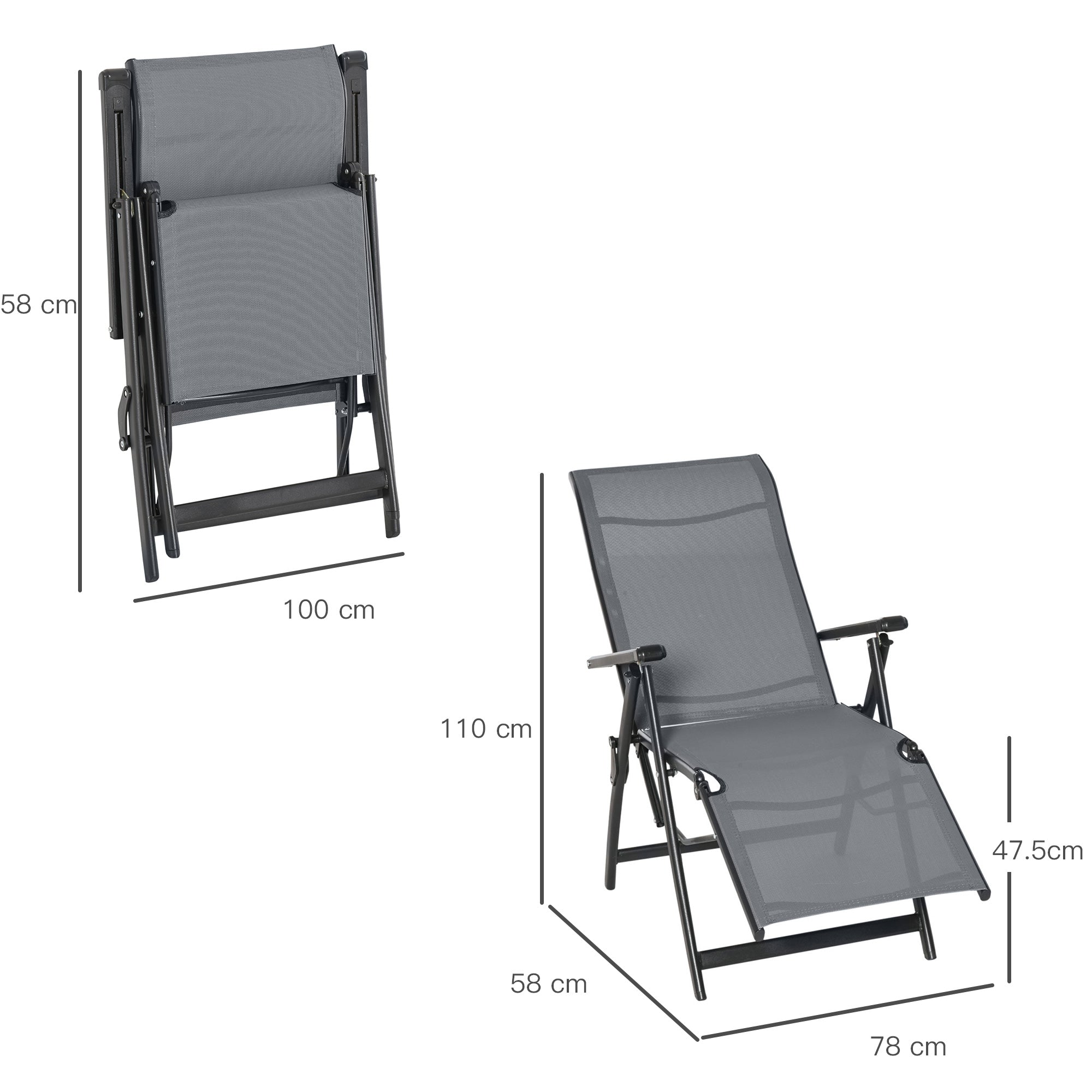 Outsunny Set of 2 Outdoor Sun Lounger 10-Position Adjustable Texteline Folding Reclining Chairs with Footrest for Patio Garden, Grey - North Peak Garden Furniture