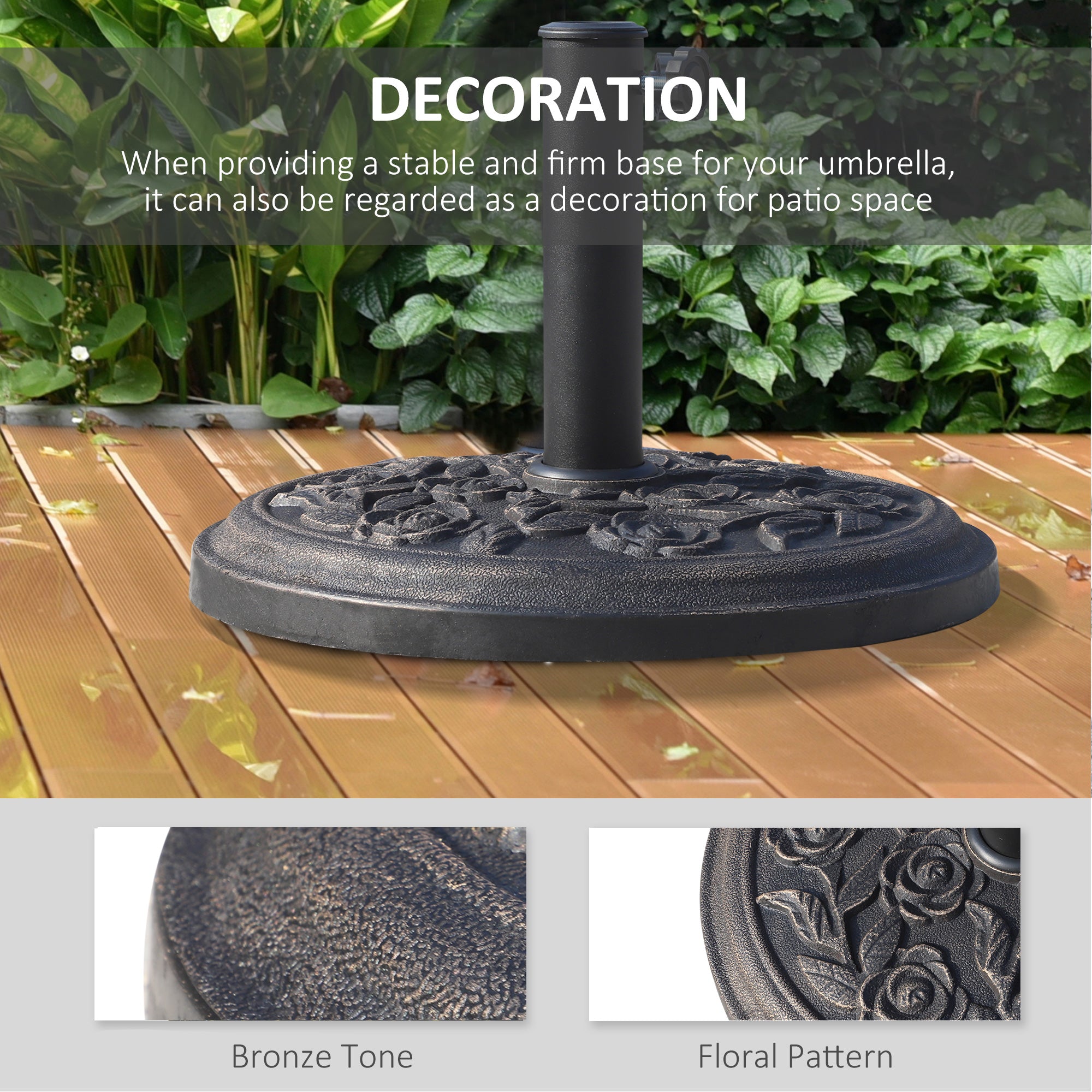 Outsunny 9kg Garden Parasol Base, Round Resin Sun Umbrella Base, Outdoor Umbrella Stand for 38mm or 48mm Outdoor Umbrella Poles, Bronze Tone - North Peak Garden Furniture