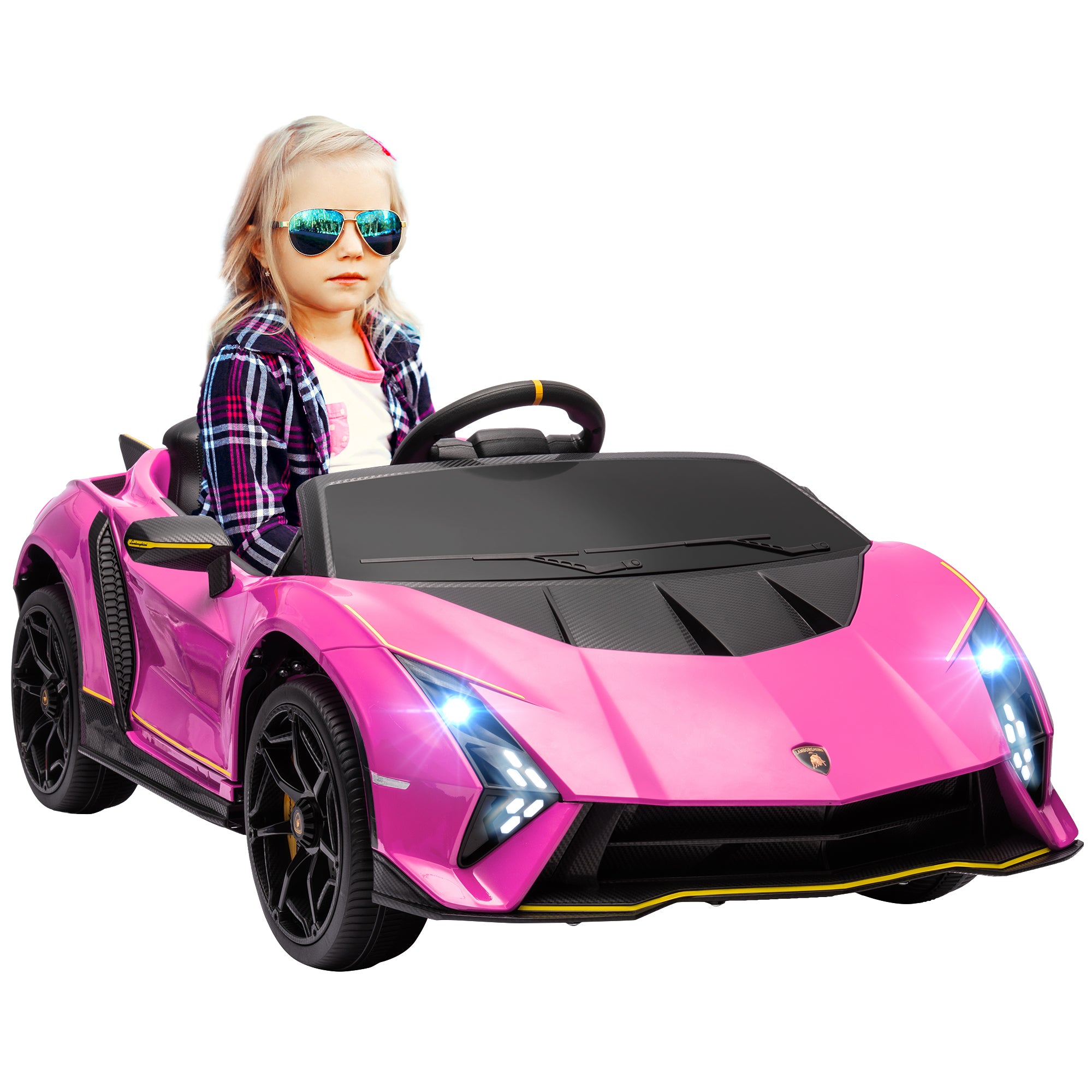 AIYAPLAY 12V Lamborghini Autentica Licensed Kids Electric Car with Remote Control, 4 Suspension Wheels, Soft Start, Pink - North Peak Garden Furniture