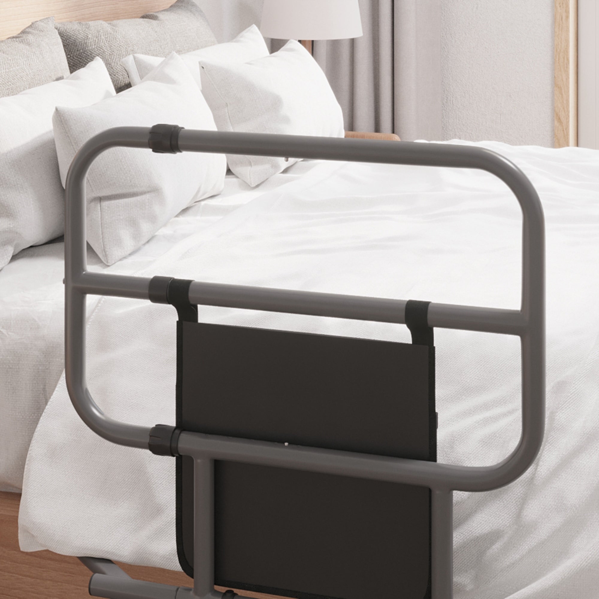 HOMCOM Folding Bed Rail for Elderly Adults, Bed Assist Rail with Storage Pocket for Disabled, Pregnant, Black - North Peak Garden Furniture