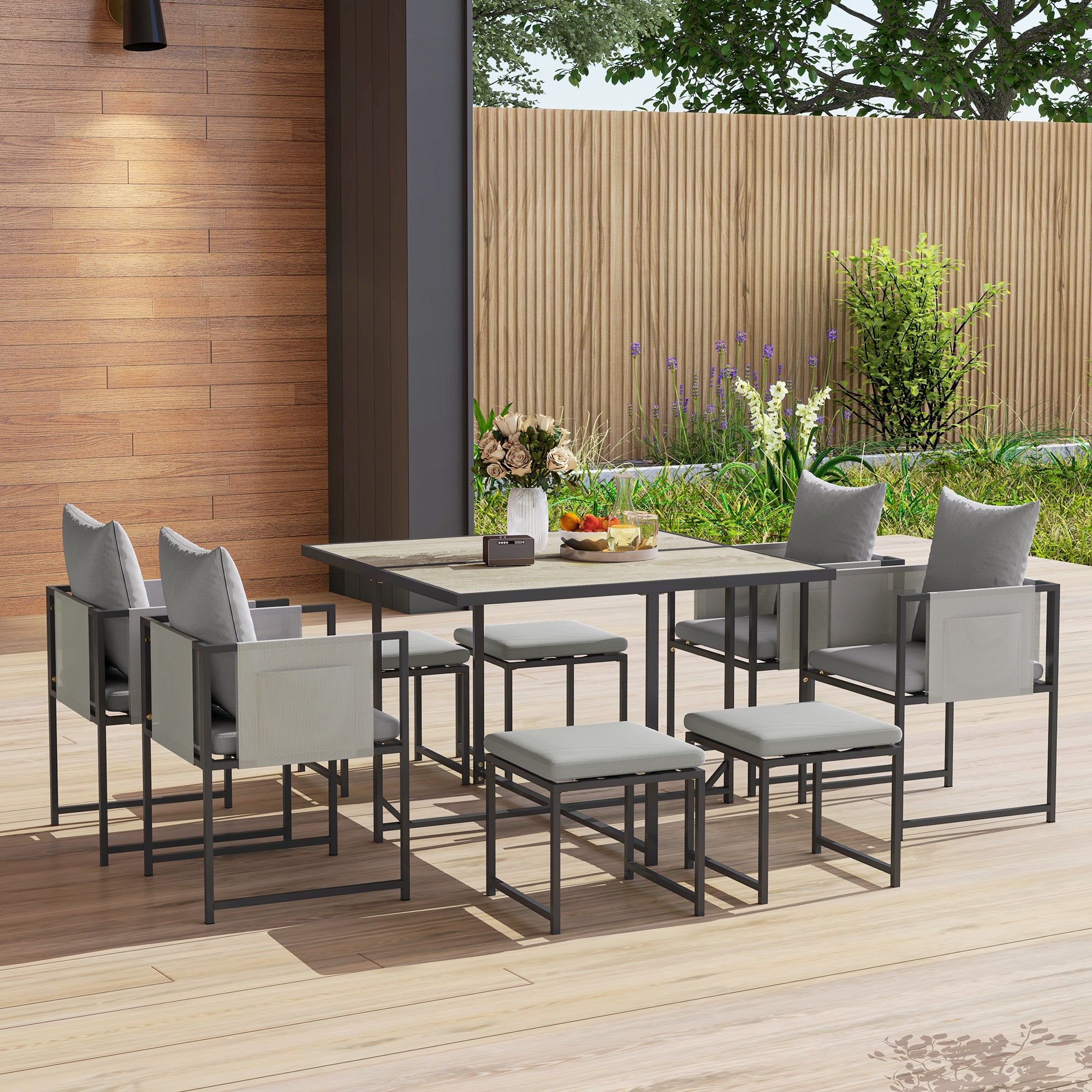Outsunny 9 Piece Garden Dining Set, Cube Outdoor Garden Furniture Set with Cushions, 8 Seater Garden Table and Chairs with 4 Stools, Square PSPC Plastic Top Table, Side Pockets for Patio, Grey - North Peak Garden Furniture