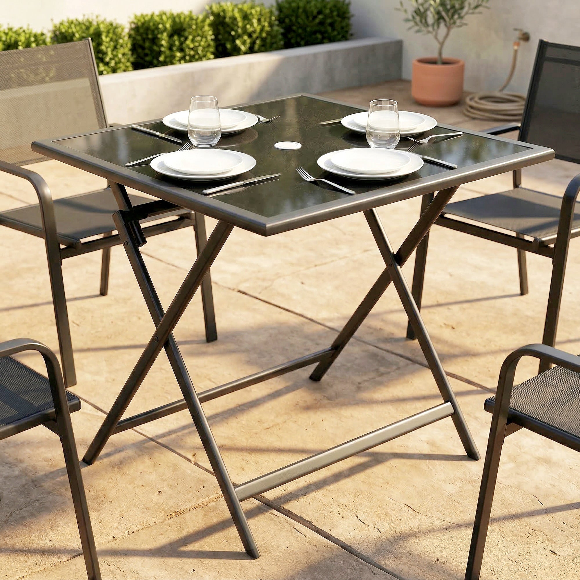 Outsunny Folding Outdoor Dining Table, Square Garden Table Tempered Glass Top with Parasol Hole Garden Patio, 70 x 70 x 70 cm
