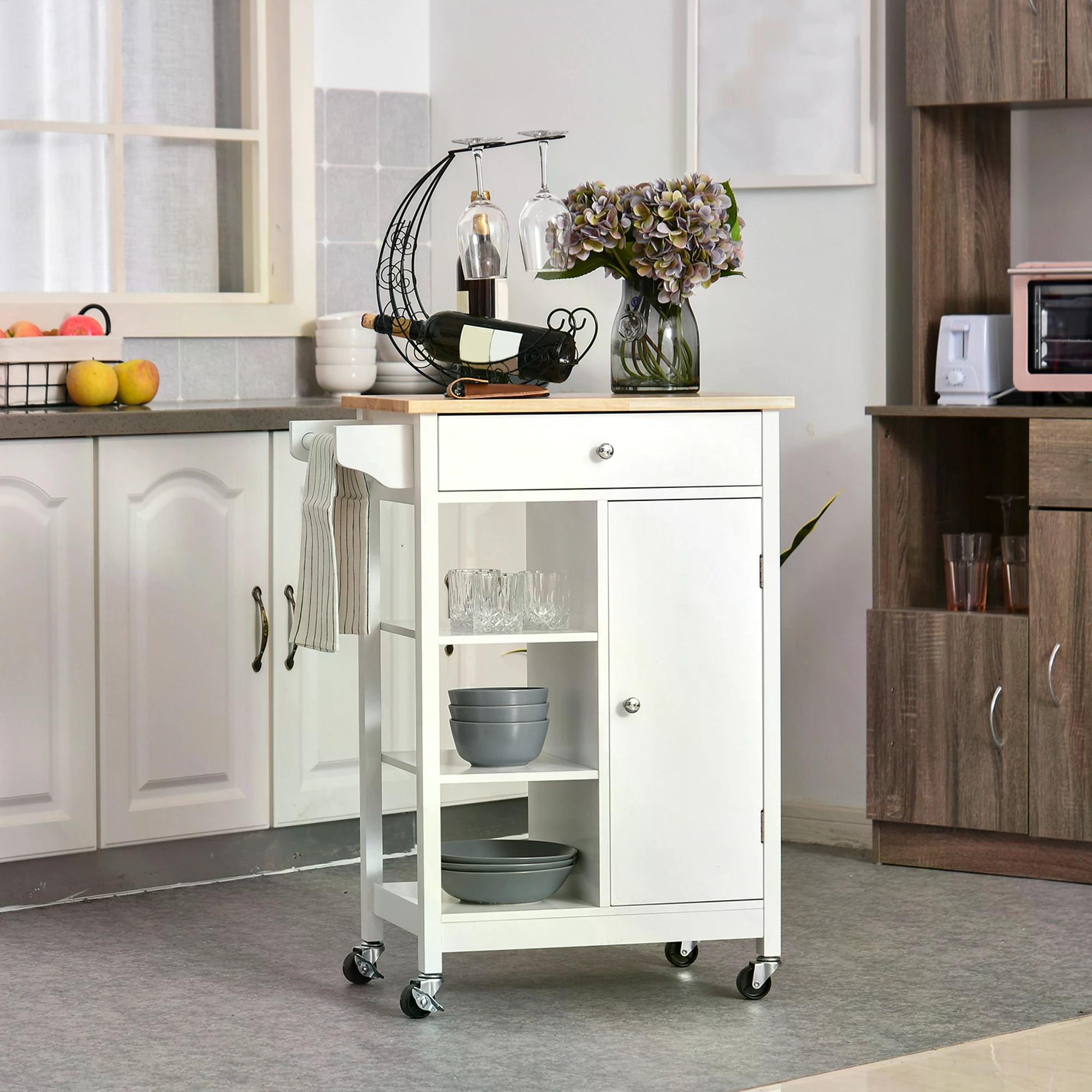 HOMCOM Kitchen Trolley, Kitchen Island on Wheels, w/ Wood Top, 3 Shelves and Storage Cupboard, White