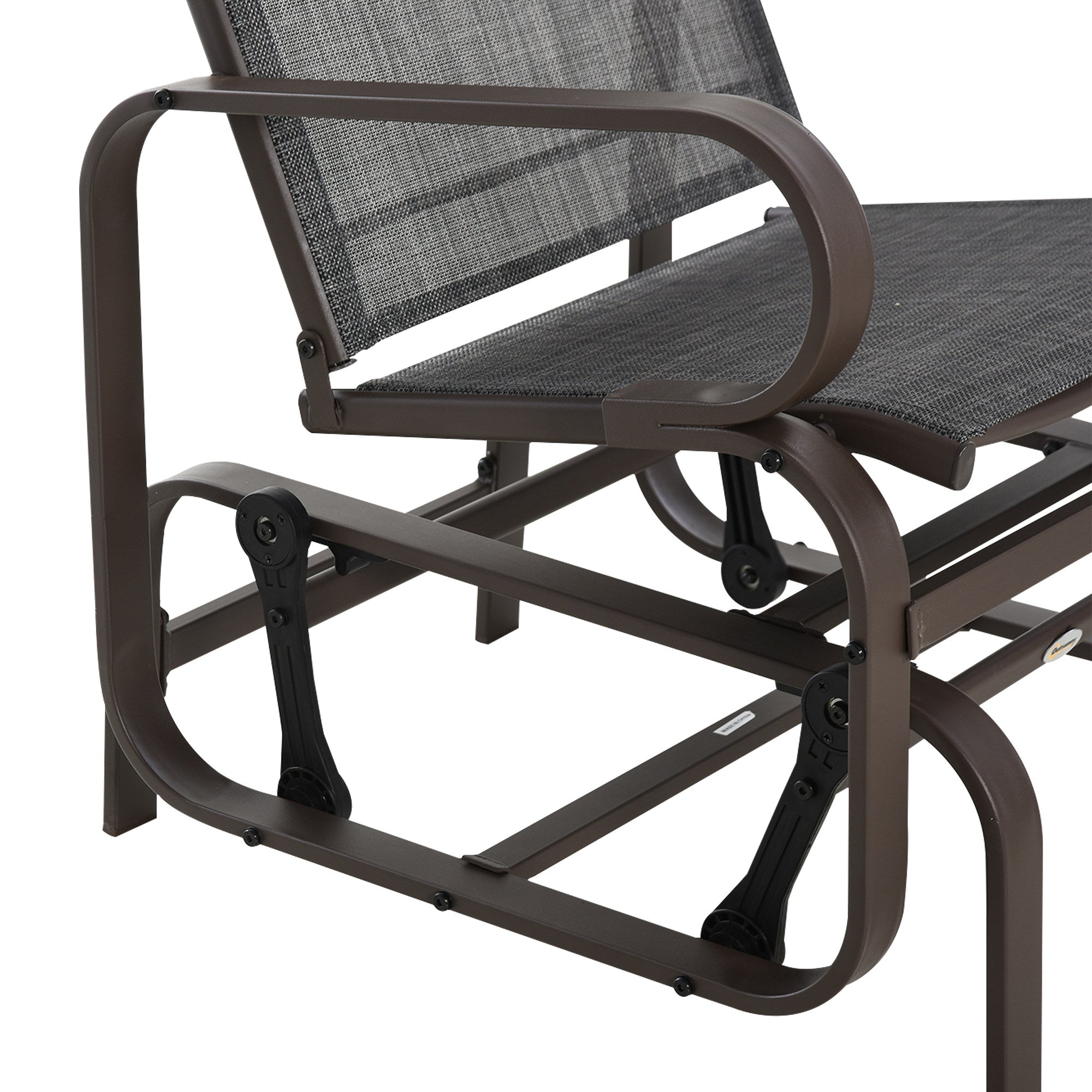 Outsunny 3 Pieces Garden Gliding Chair Set, Metal Frame 2 Single Armchair Swing Seater and 1 Glass Top Coffee Table w/ Breath Mesh Fabric Seat, Brown - North Peak Garden Furniture