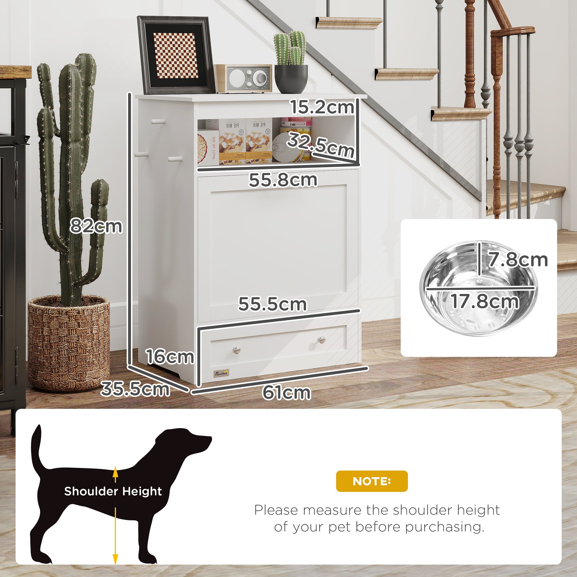 PawHut Pet Feeder Station, Dog, Cat Storage Container, with Raised Bowls, Hanger, Cabinet - White