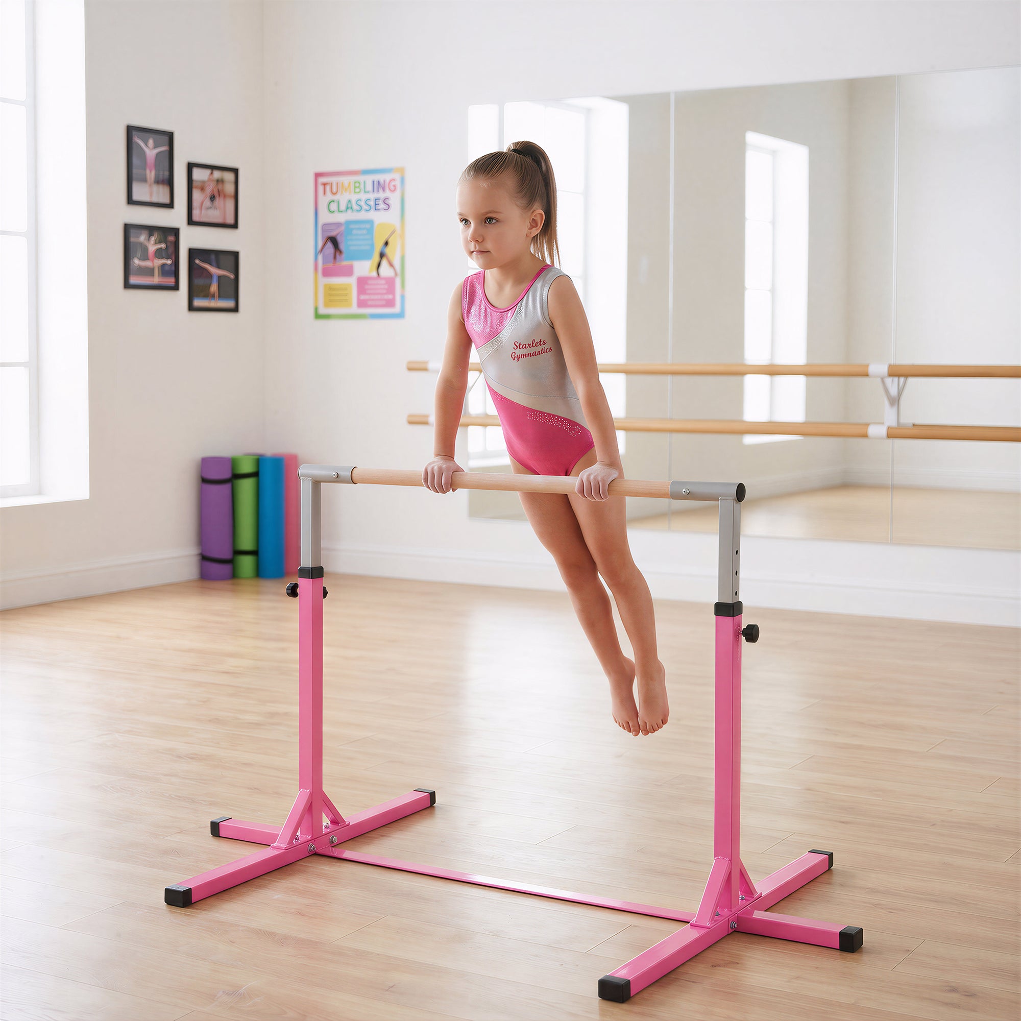 HOMCOM Height Adjustable Gymnastics Horizontal Bar For Kids Home Gym Training Children Junior Kip High Bar Fitness Pink