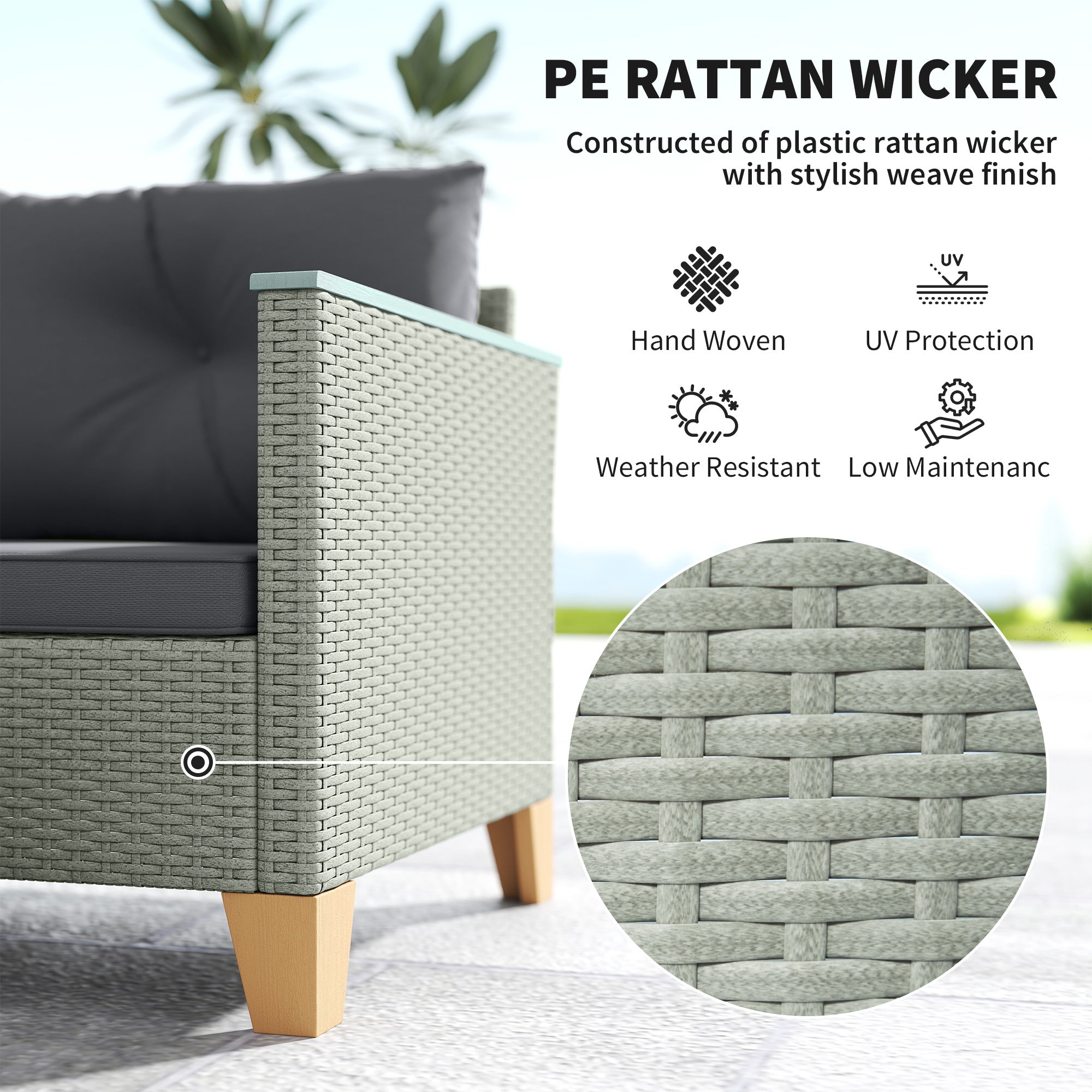 Outsunny 3 Pieces Rattan Garden Furniture Set, L Shaped Garden Conversation Chaise Lounge Furniture with Wood Top Coffee Table and Thick Cushions, Charcoal Grey - North Peak Garden Furniture