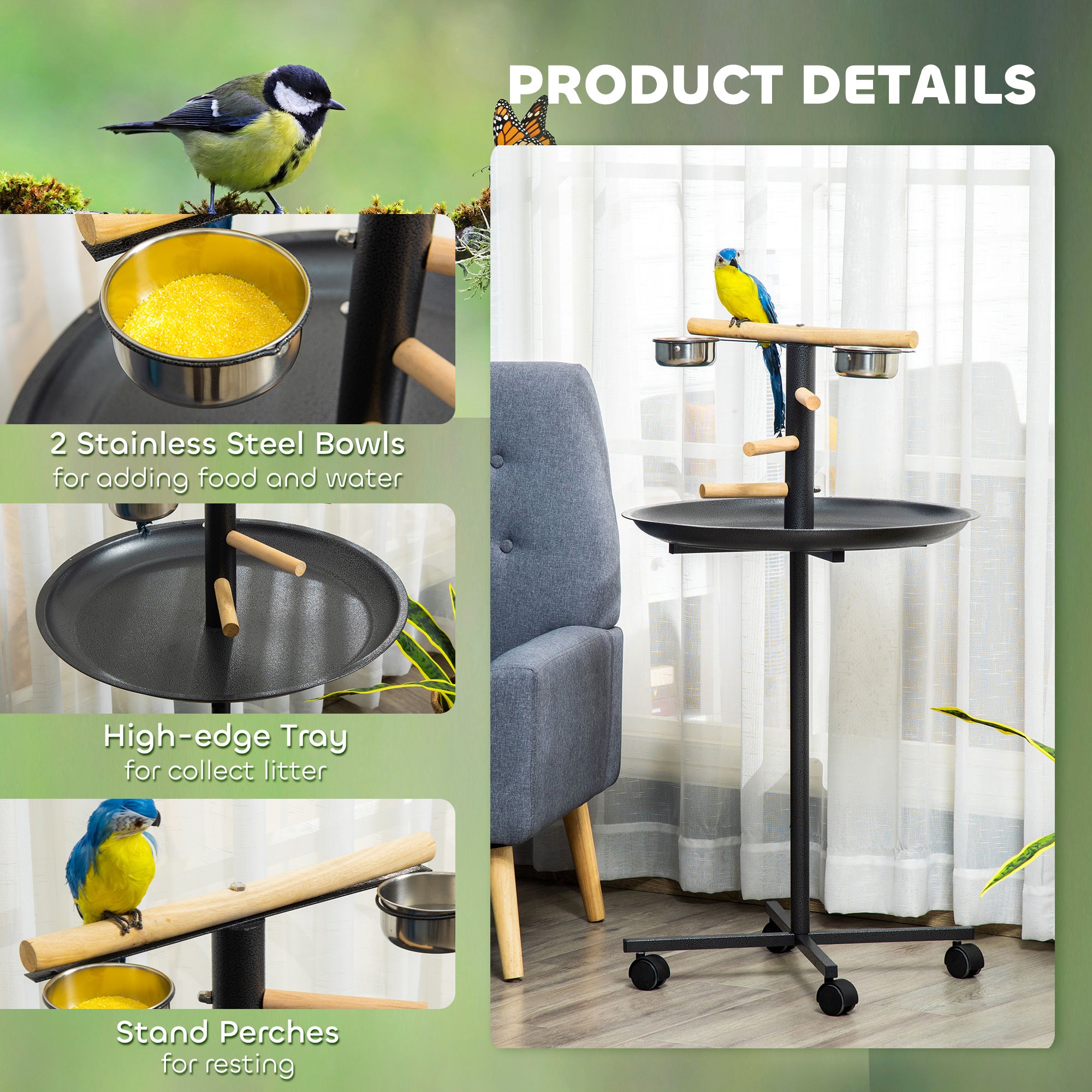 PawHut Metal Bird Table Play Stand, Bird Feeder Station Parrot Perch with Four Wheels Feeding Bowls Round Tray