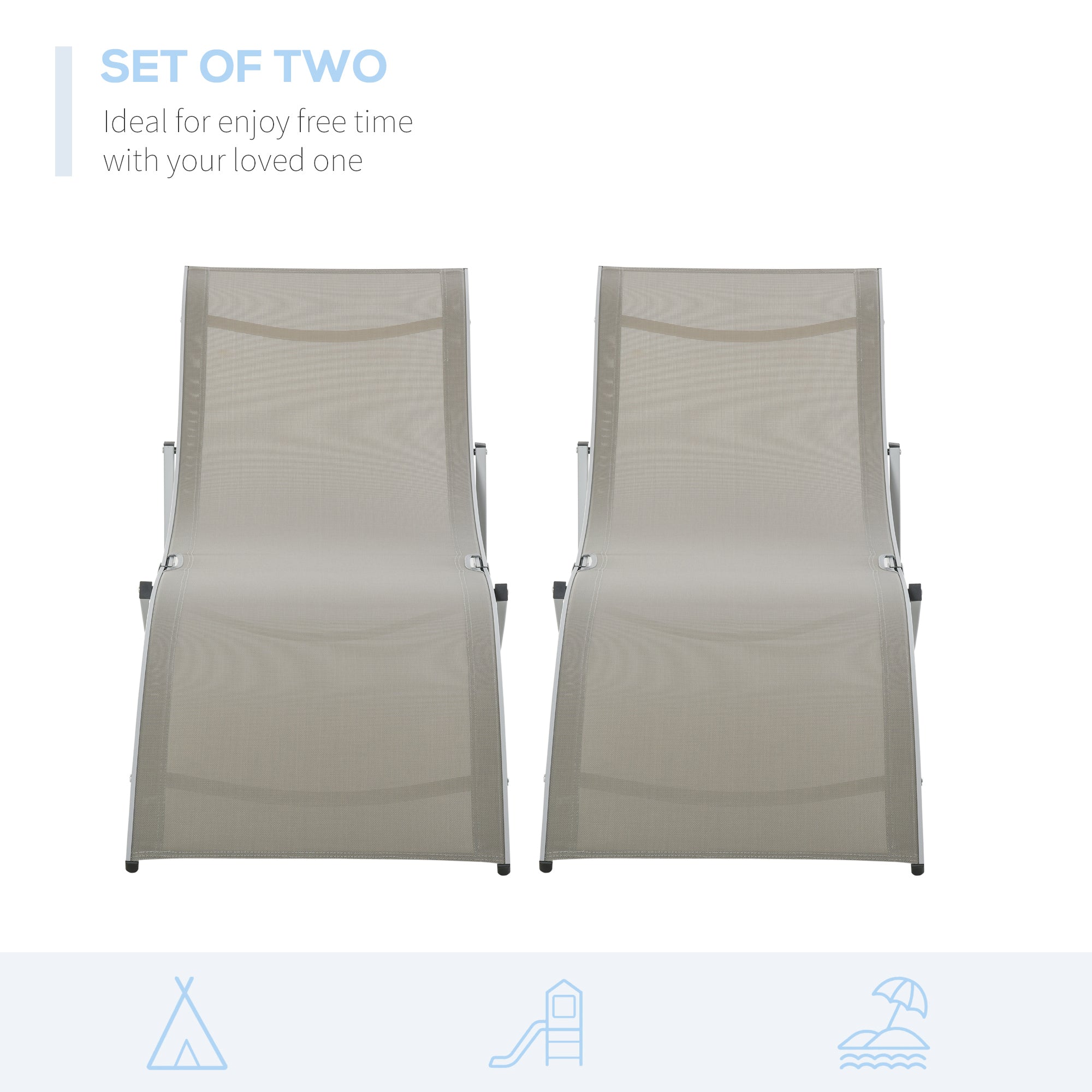 Outsunny Set of 2 S-shaped Foldable Lounge Chair Sun Lounger Reclining Outdoor Chair for Patio Beach Garden, Light Grey - North Peak Garden Furniture