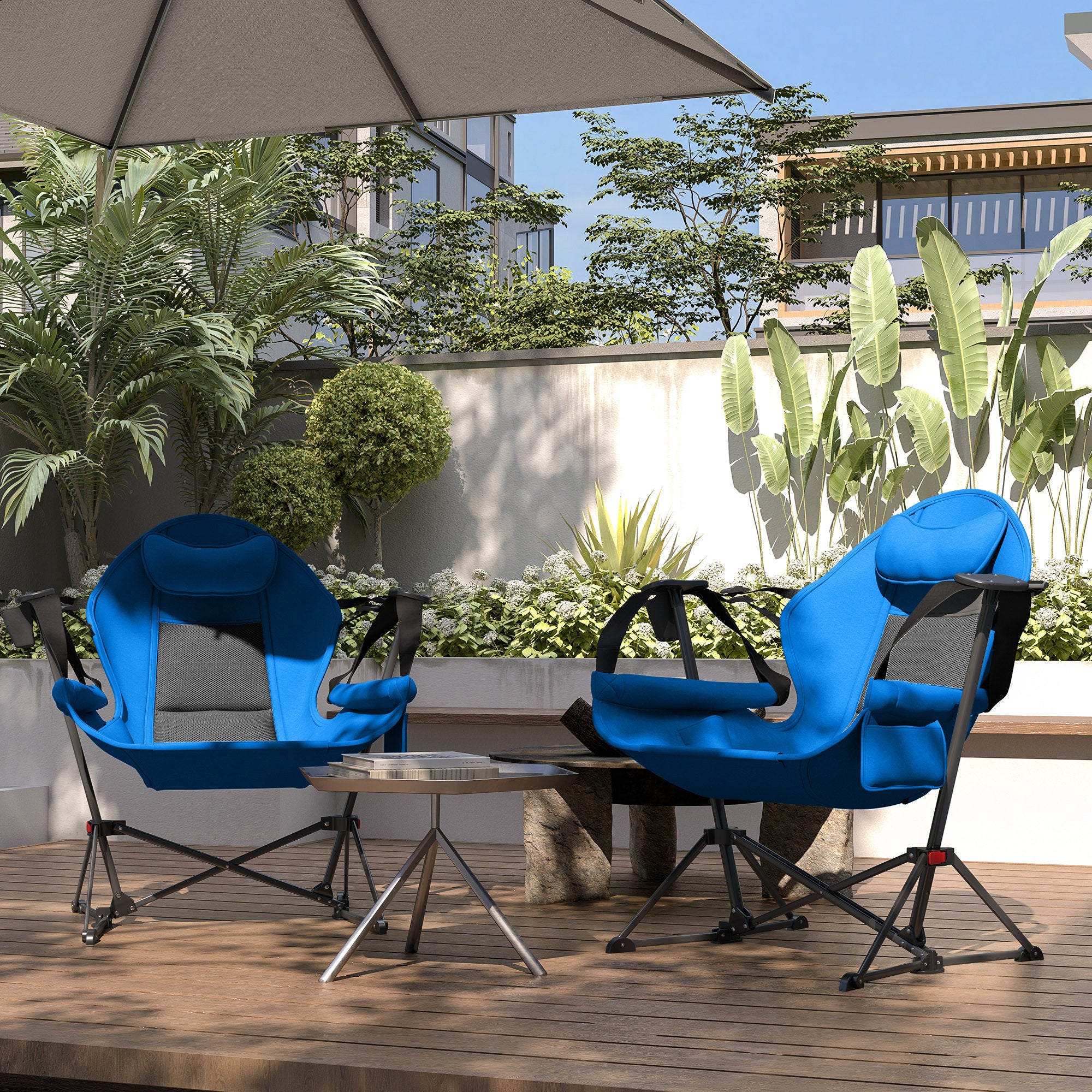 Outsunny Hammock Camping Chair Set of 2, Adjustable Back Swinging Camping Chair Portable Camp Chair with Cup Holder, Headrest, Padded Seat and Carry Bag for Travel Fishing Hiking, Blue - North Peak Garden Furniture