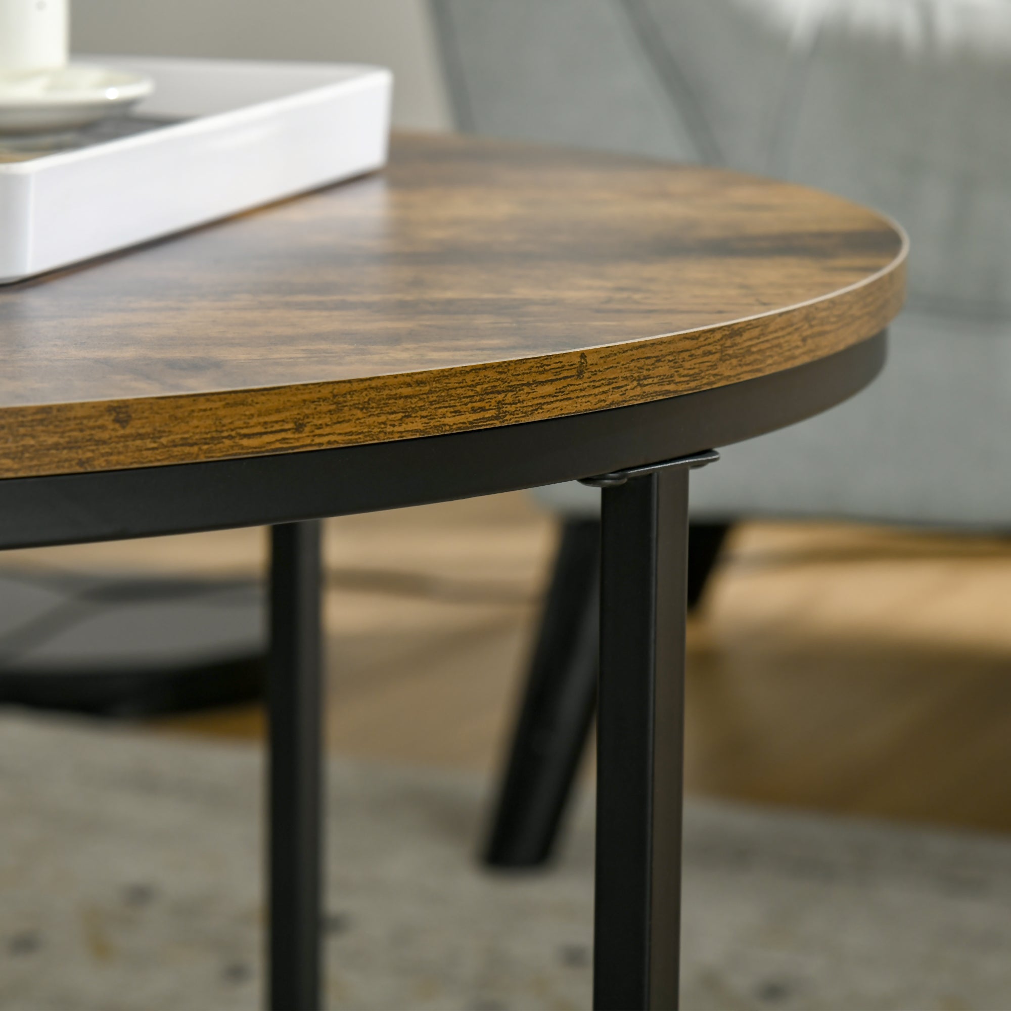 HOMCOM Round Coffee Table, Industrial Side Table with Metal Frame, Large Coffee Tables for Living Room, Bedroom, Rustic Brown - North Peak Garden Furniture