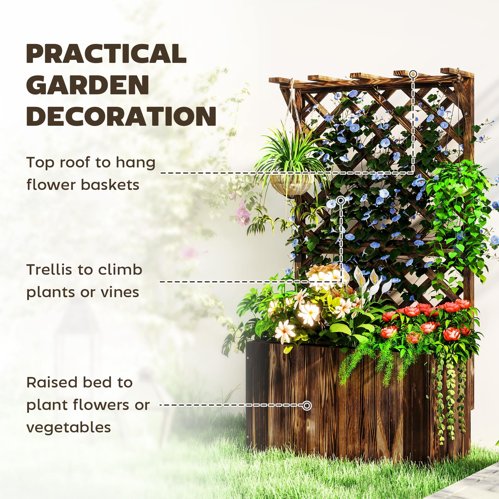 Outsunny Wooden Planter with Trellis, Freestanding Raised Garden Bed with Drainage Holes, Outdoor Planter Box with Liner for Vegetables, Herbs and Flowers, Carbonised - North Peak Garden Furniture