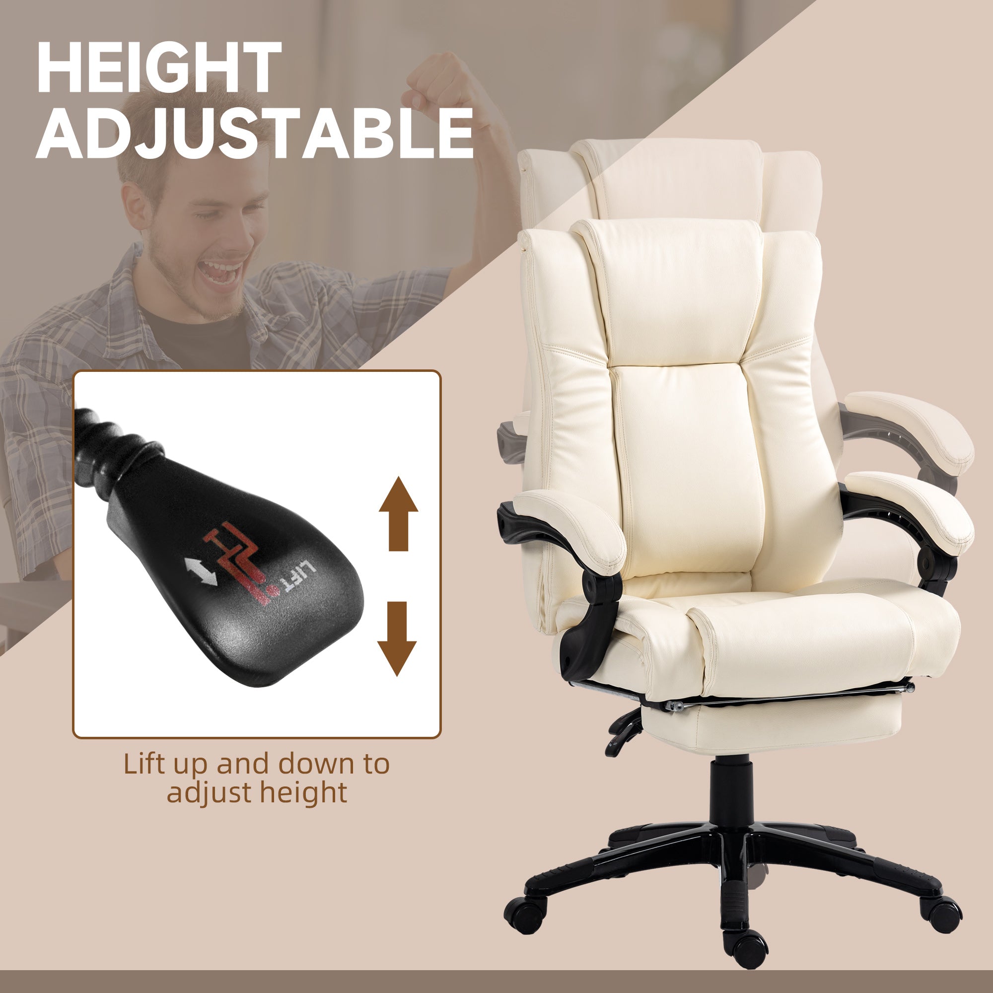 Vinsetto PU Leather Office Chair, Swivel Computer Chair with Footrest, Wheels, Adjustable Height, Cream White - North Peak Garden Furniture