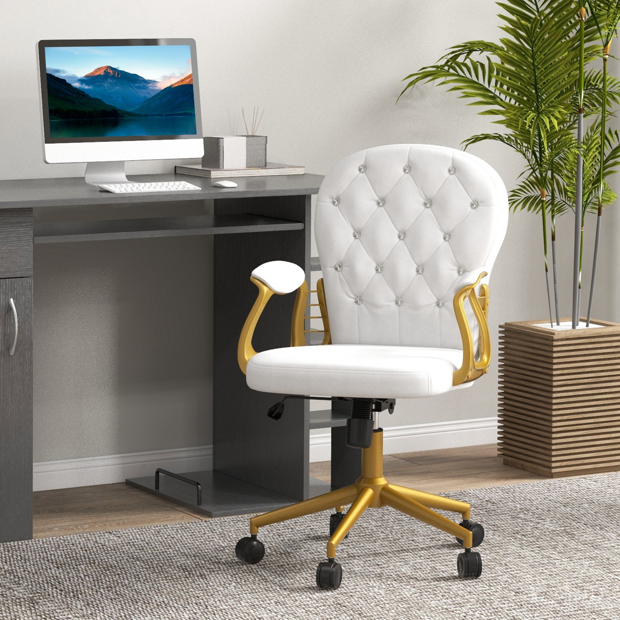 Vinsetto Height Adjustable Home Office Chair, Button Tufted Computer Chair with Padded Armrests and Tilt Function, Cream White - North Peak Garden Furniture