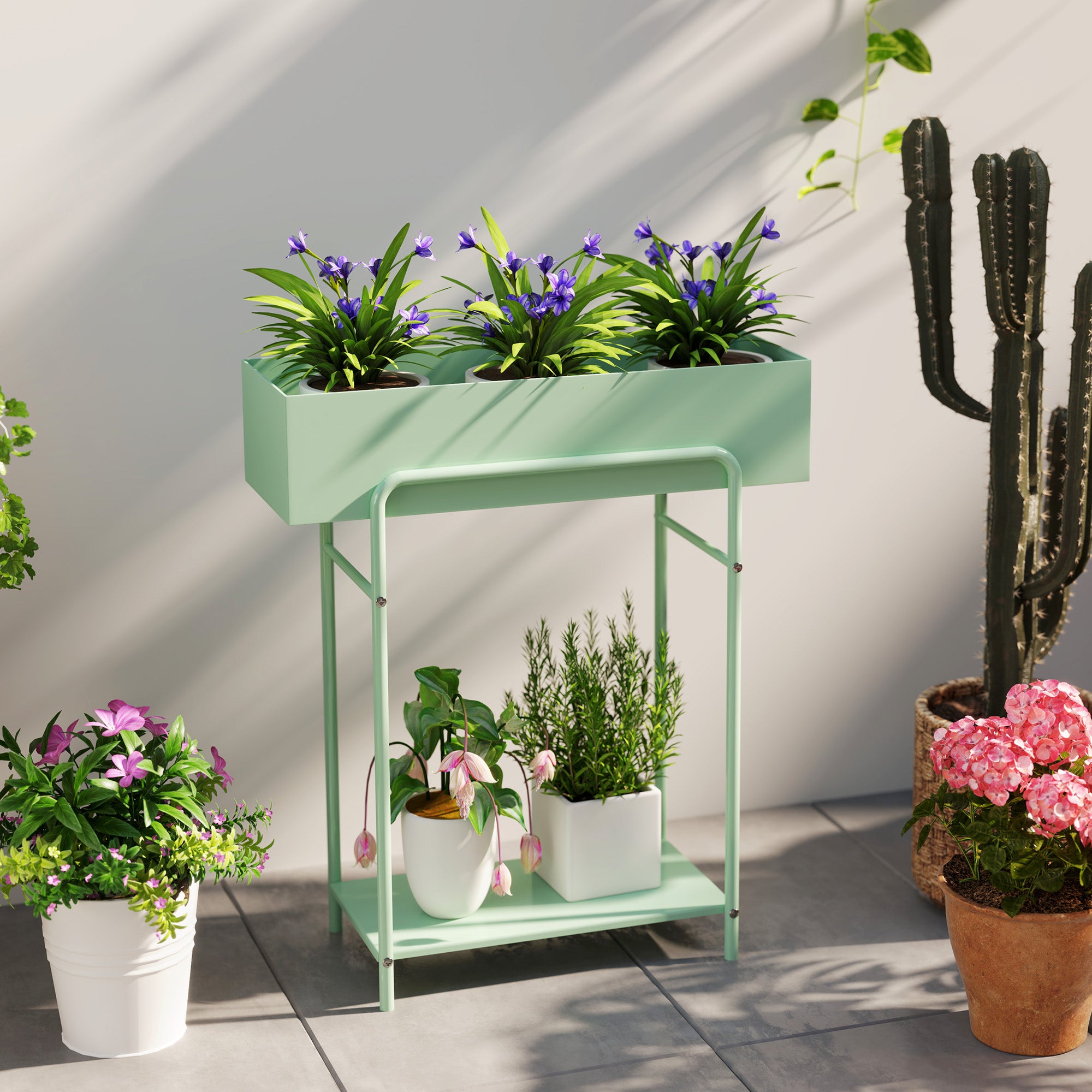 Outsunny 2 Tier Plant Stand, Metal Plant Rack Shelf with Drain Holes, Floor-standing Flower Pot Stand for Indoor Outdoor Garden Patio Balcony Living Room, Green - North Peak Garden Furniture
