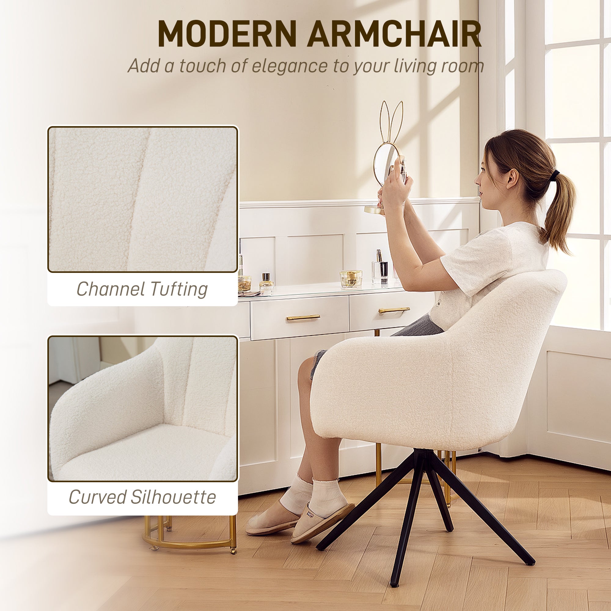HOMCOM 360° Swivel Accent Chair, Teddy Fleece Fabric Armchair, Upholstered Tufted Vanity Chair with Steel Legs for Living Room, Bedroom, Home Office, White - North Peak Garden Furniture