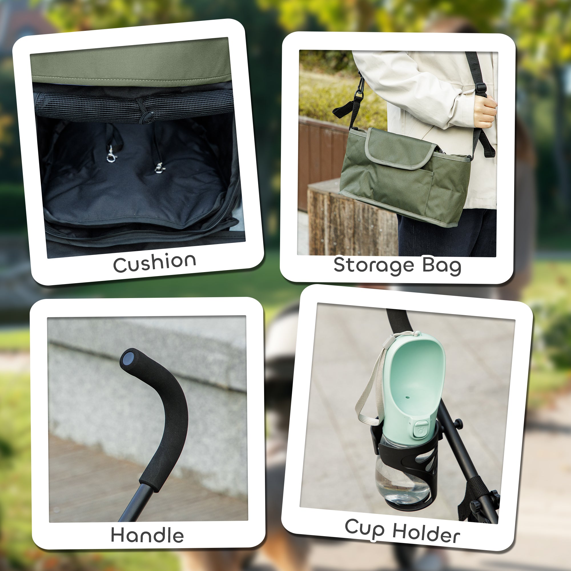 PawHut Umbrella Structure Dog Stroller, Lightweight & Portable Dog Pram w/ Shoulder Strap, Storage Bag & Cup Holder, Dark Green - North Peak Garden Furniture