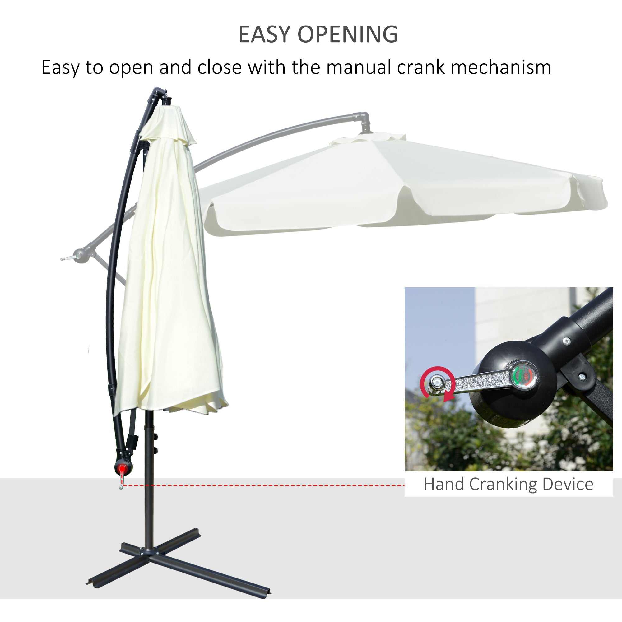 Outsunny 2.7m Garden Banana Parasol Cantilever Umbrella with Crank Handle and Cross Base for Outdoor, Hanging Sun Shade, Cream White