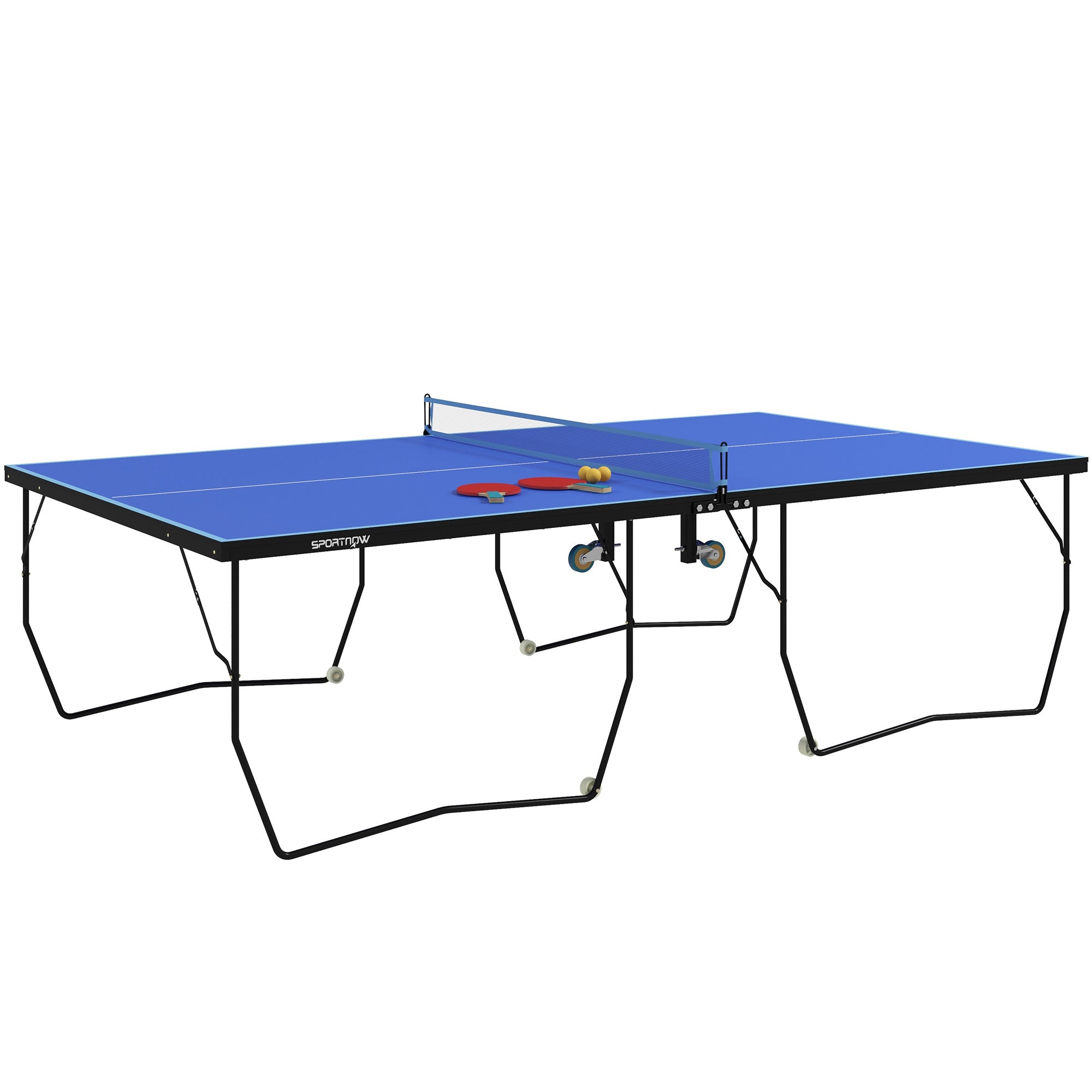 SPORTNOW 9FT Folding Table Tennis Table, with 8 Wheels, for Indoor Use - Blue - North Peak Garden Furniture