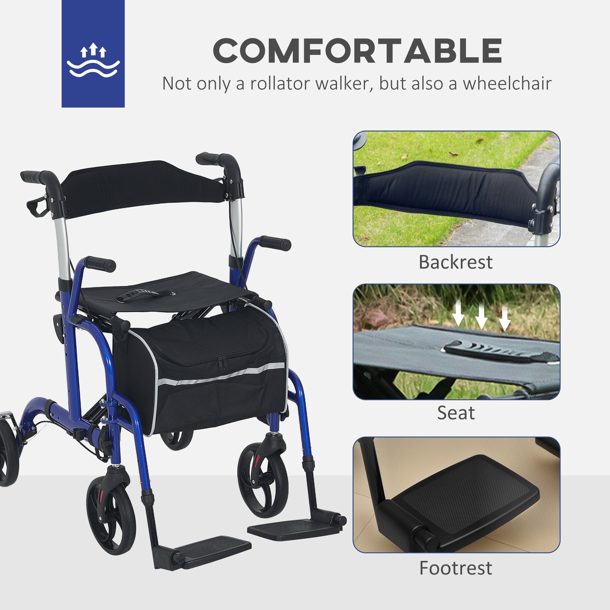 HOMCOM 2 in 1 Wheelchair Transport Chair & Folding Rollator Walker with Seat, Backrest, Footrest, Lightweight Walking Frame with Bag, Adjustable Height, 4 Wheeled Walker for Seniors, Pearl Blue - North Peak Garden Furniture