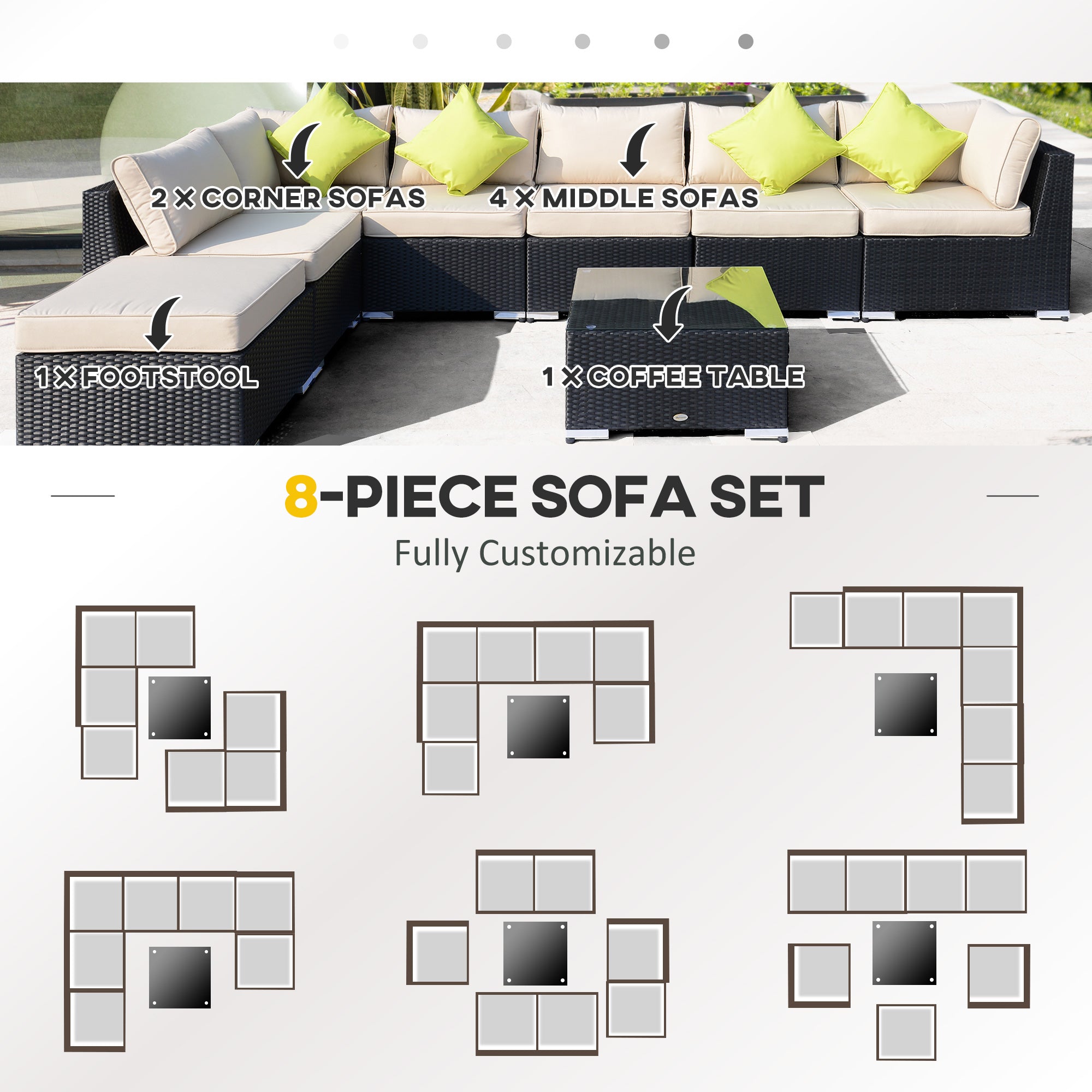 Outsunny 8 Pieces PE Rattan Corner Sofa Set with Thick Cushions, Aluminium Outdoor Rattan Garden Furniture Set with Glass Top Table, No Assembly Required, Black - North Peak Garden Furniture