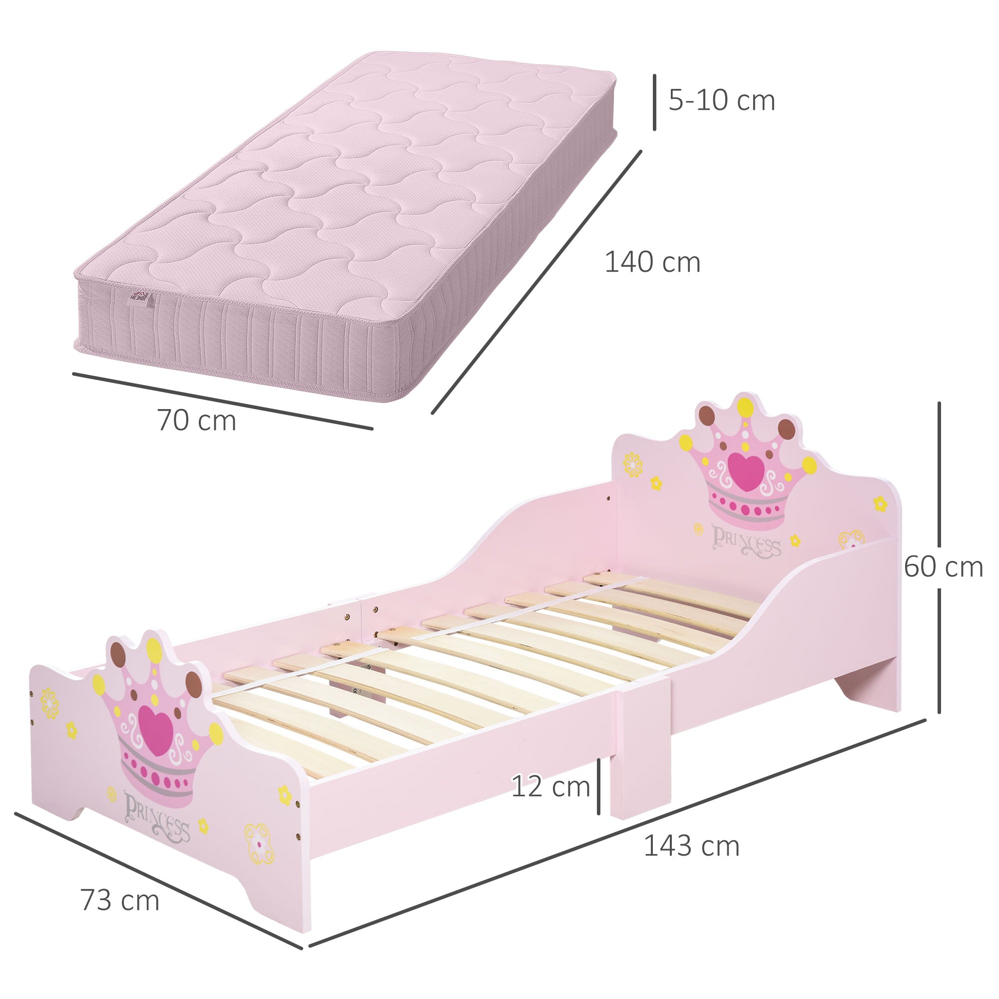 HOMCOM Kids Toddler Bed Princess Crown Theme Safety Side Rails Slats Home Bedroom Furniture Boys Girls 3-6 Yrs Pink 143 x 73 x 60 cm - North Peak Garden Furniture