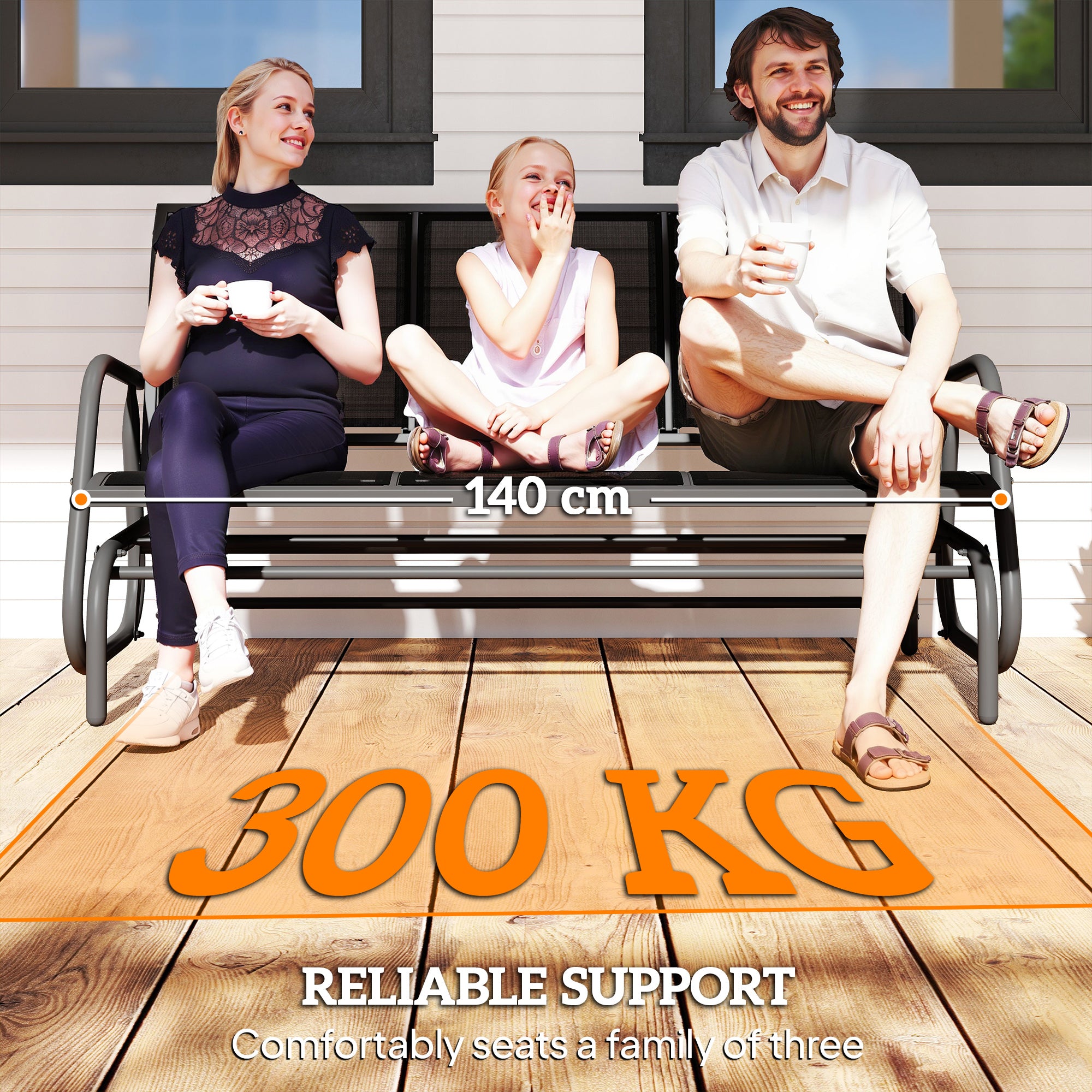 Outsunny 3-Seat Glider Rocking Chair for 3 People Garden Bench Patio Furniture Metal Frame, Black