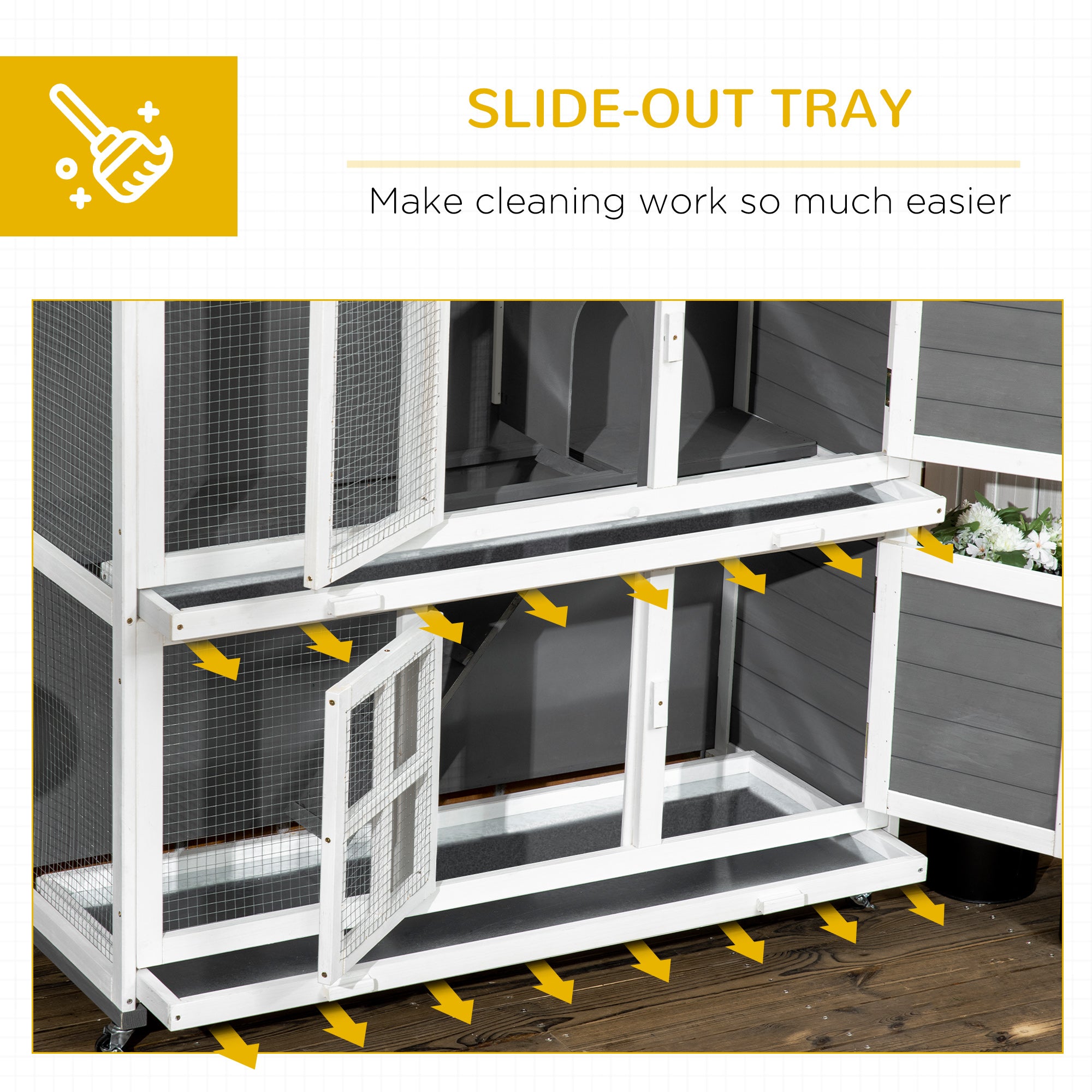 PawHut Wooden Rabbit Hutch, Two-Tier Guinea Pig Cage, with Removable Tray, Wheels - North Peak Garden Furniture