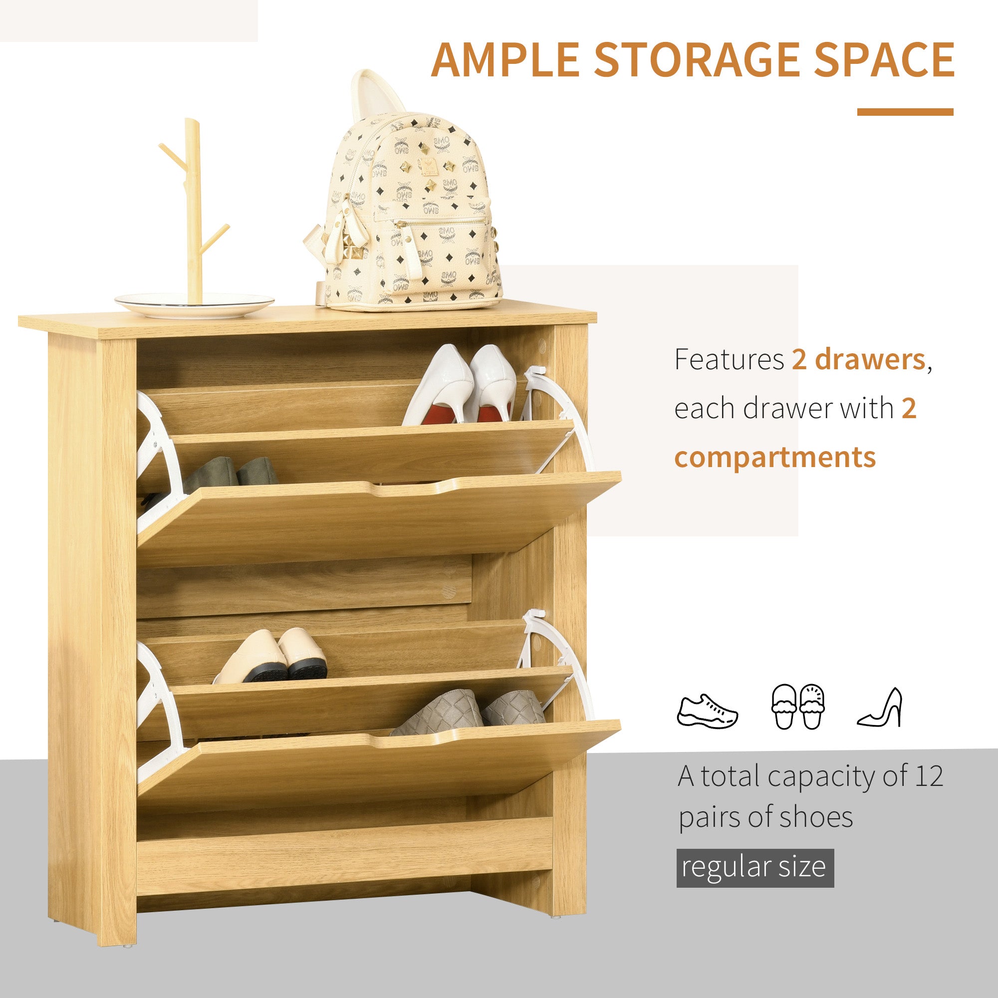 HOMCOM Narrow Shoe Cabinet, Space Saving Shoe Storage Cabinet with 2 Flip Drawers and Adjustable Shelves for 12 Pairs of Shoes for Hallways and Living Room, Natural Wood Finish - North Peak Garden Furniture