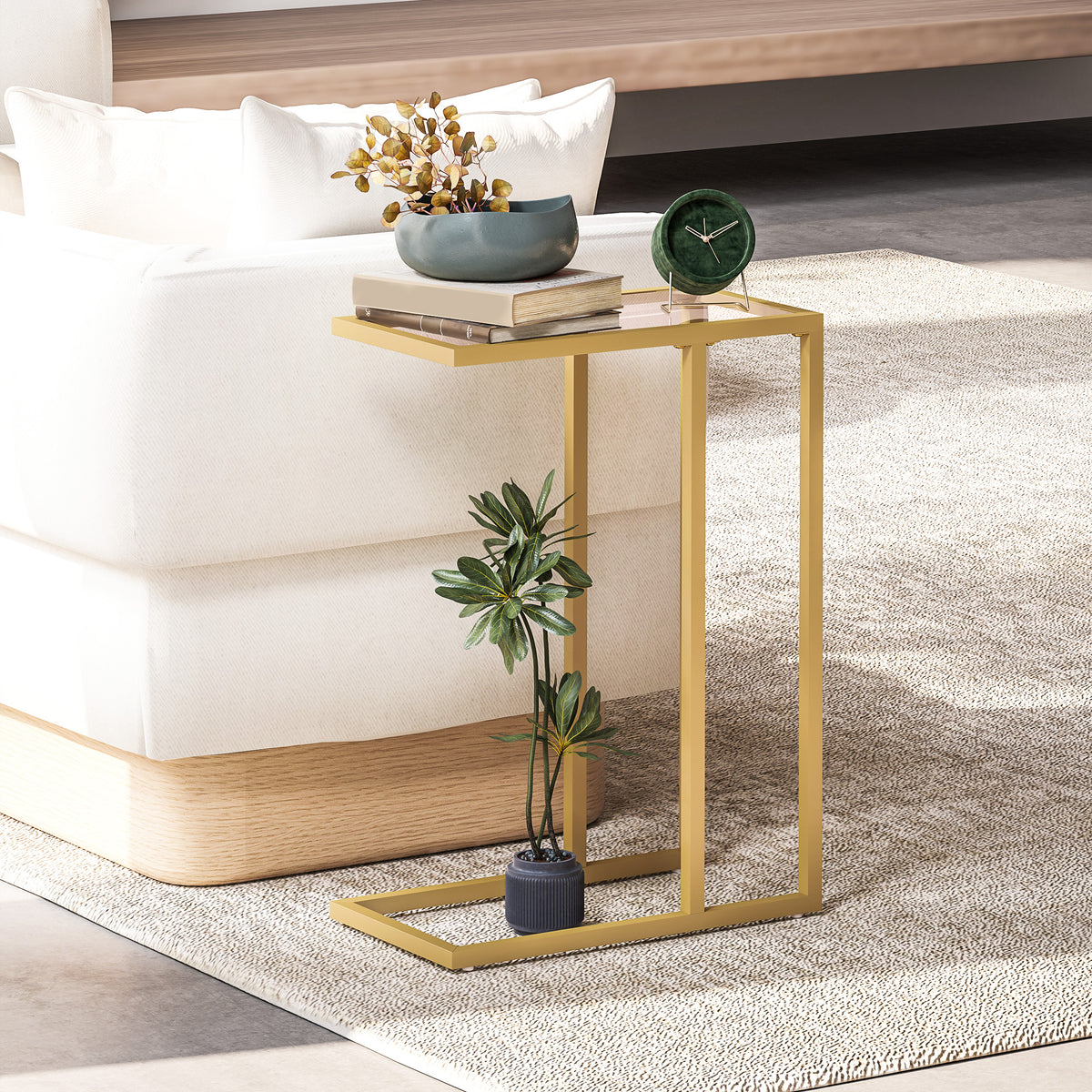 HOMCOM C-Shaped Side Table, Modern Slim End Table with Tempered Glass Tabletop, Steel Frame for Small Space, Living Room, Bedroom, Gold Tone