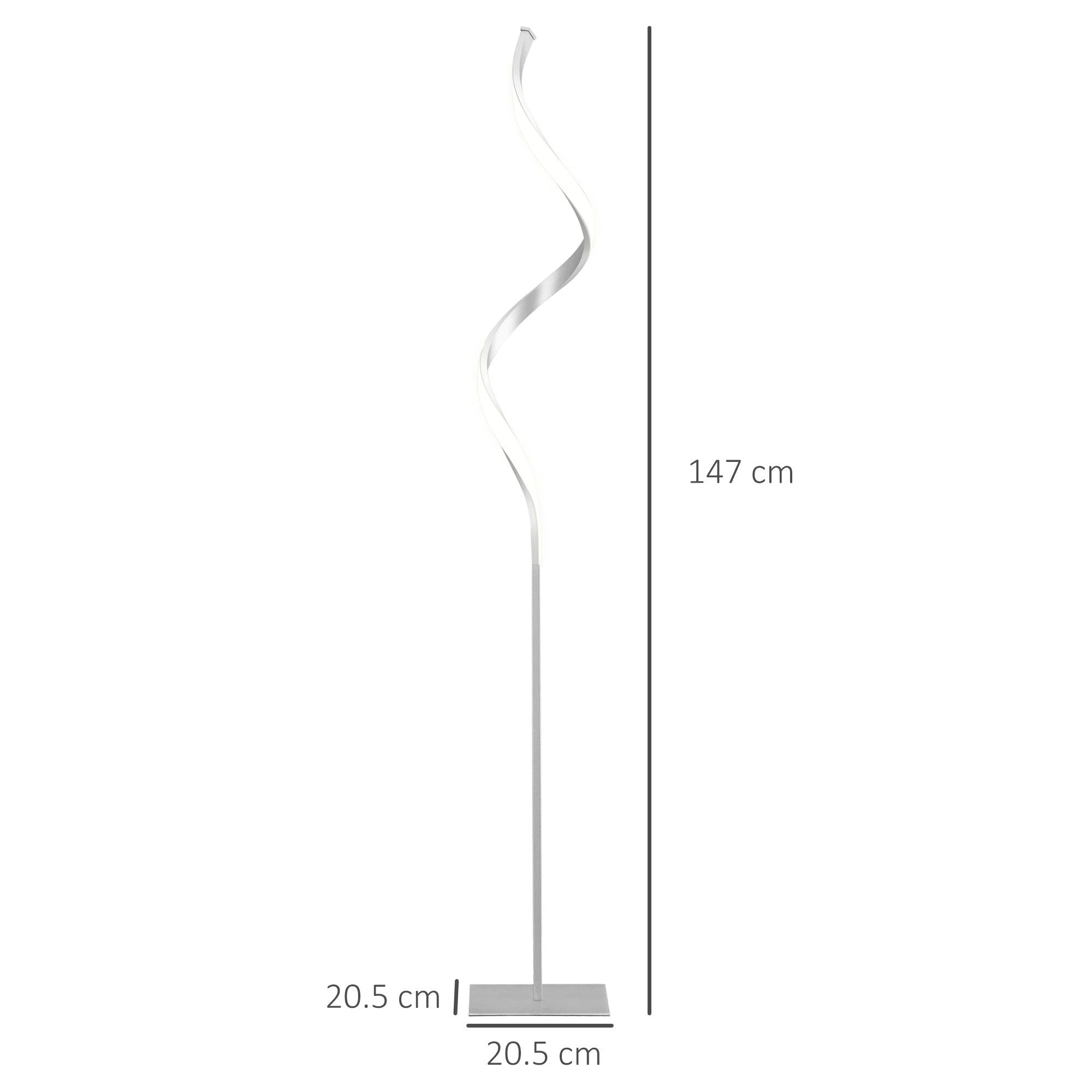 HOMCOM Dimmable Floor Lamp for Living Room, Modern Spiral Standing Lamp with 3 Adjustable Brightness and Square Base, Silver - North Peak Garden Furniture