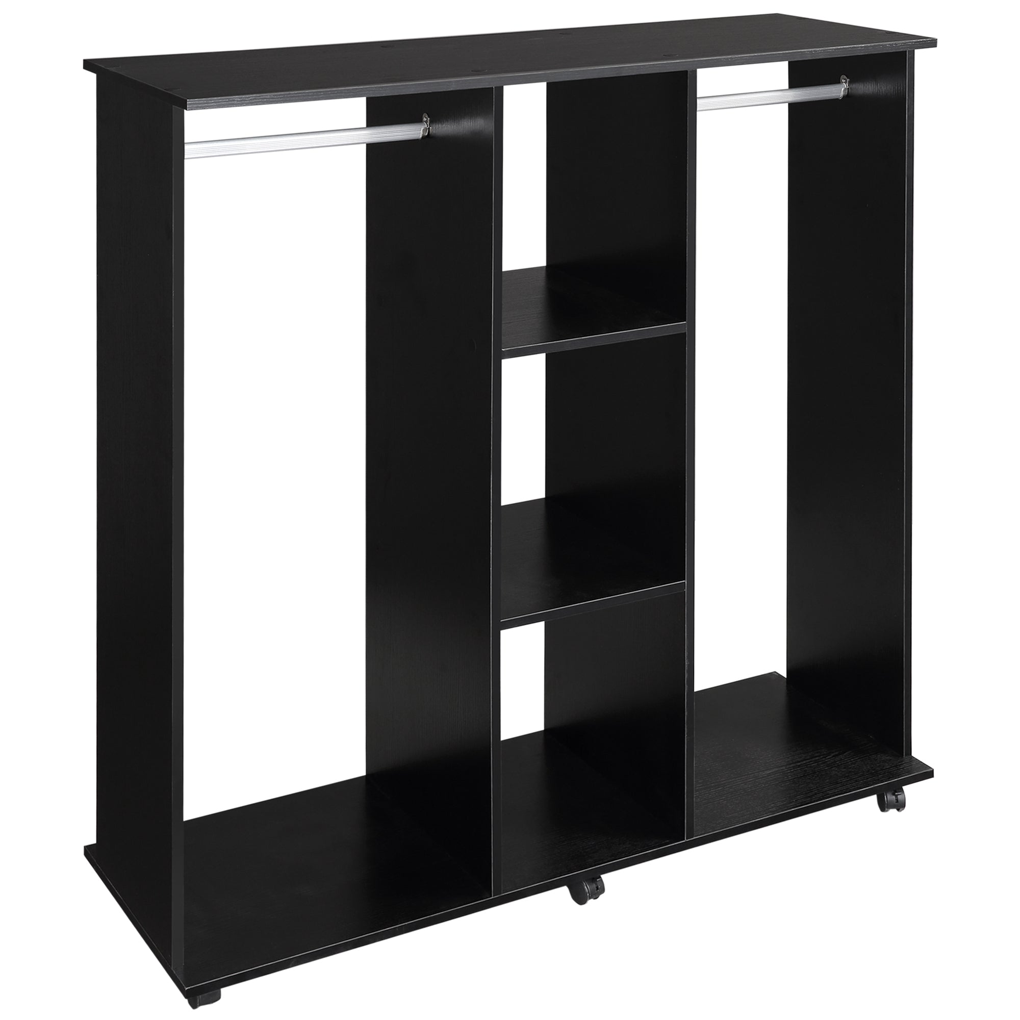 HOMCOM Double Open Wardrobe on Wheels, Bedroom Wardrobe with Clothes Hanging Rails, 3 Storage Shelves, Mobile Garment Rack for Cloakroom, Hallway, Black - North Peak Garden Furniture