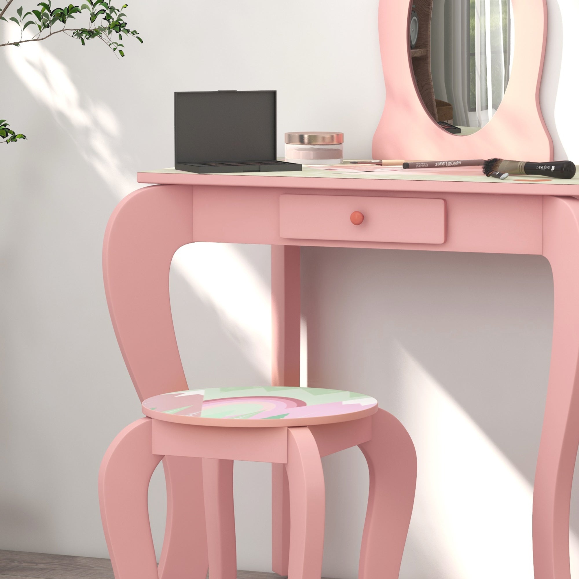 ZONEKIZ Kids Dressing Table with Mirror, Stool, Drawer, Cute Animal Design - Pink - North Peak Garden Furniture