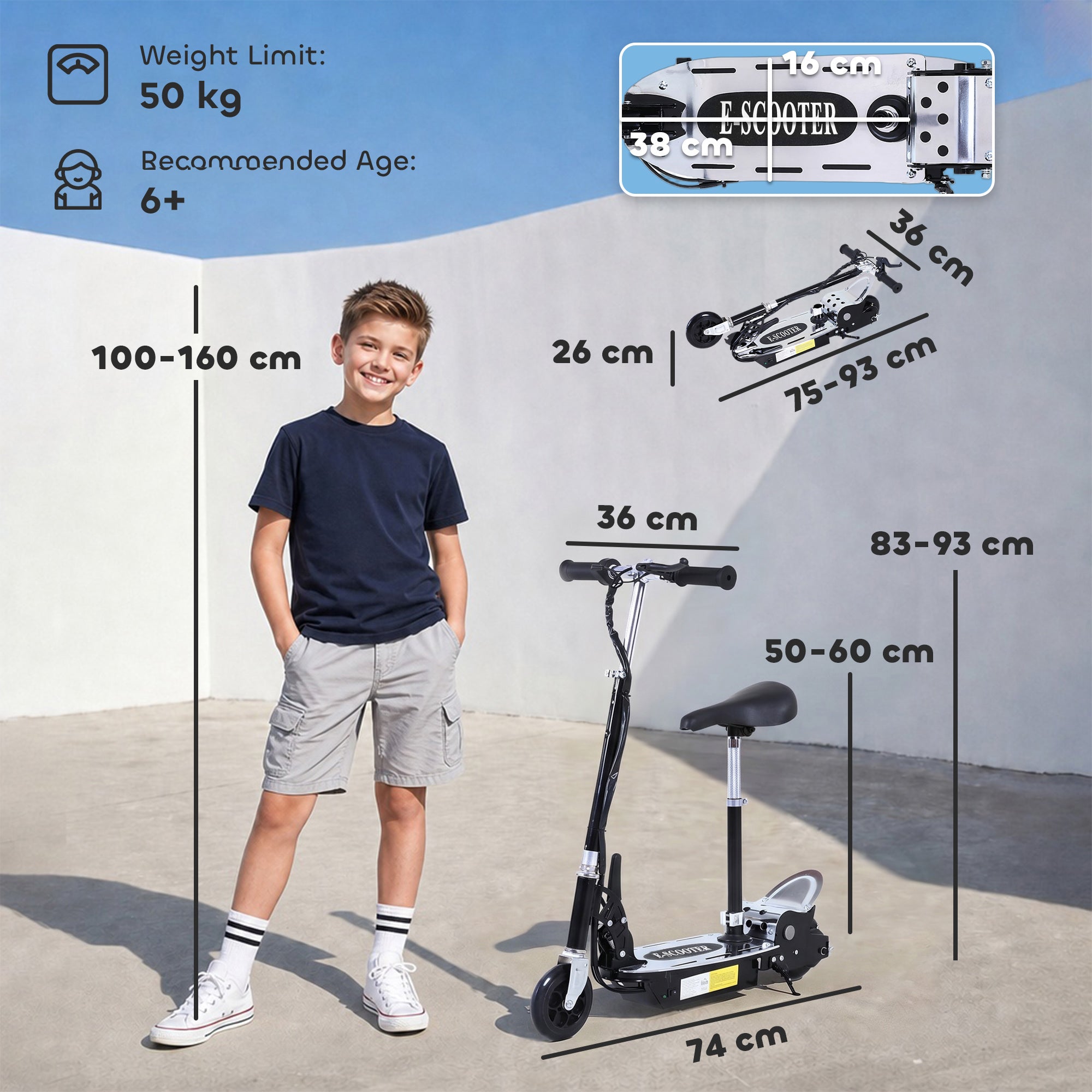 HOMCOM 120W Foldable Powered Scooters with 24V Rechargeable Battery, Adjustable Ride on Toy (Black)