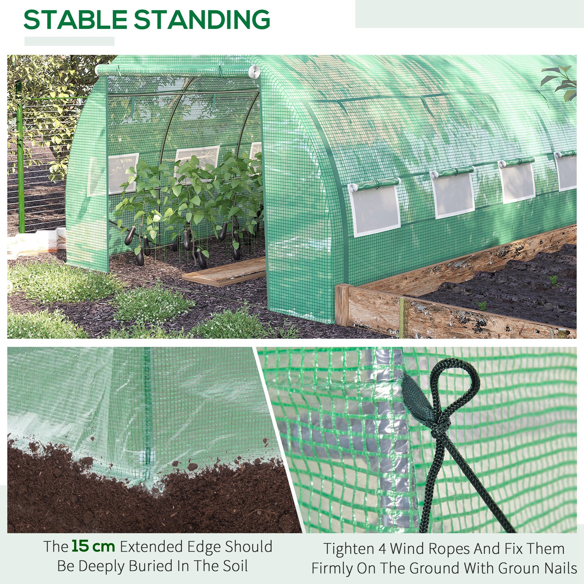 Outsunny Polytunnel Greenhouse Walk-in Grow House Tent with Roll-up Sidewalls, Zipped Door and 8 Windows, 4x3x2m Green - North Peak Garden Furniture