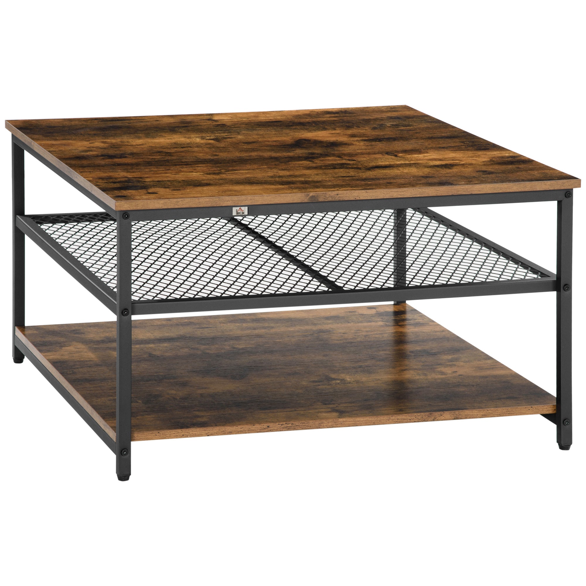 HOMCOM Coffee Table, Living Room Table with 3-Tier Storage Shelves, Square Tea Table for Home Office, Rustic Brown - North Peak Garden Furniture