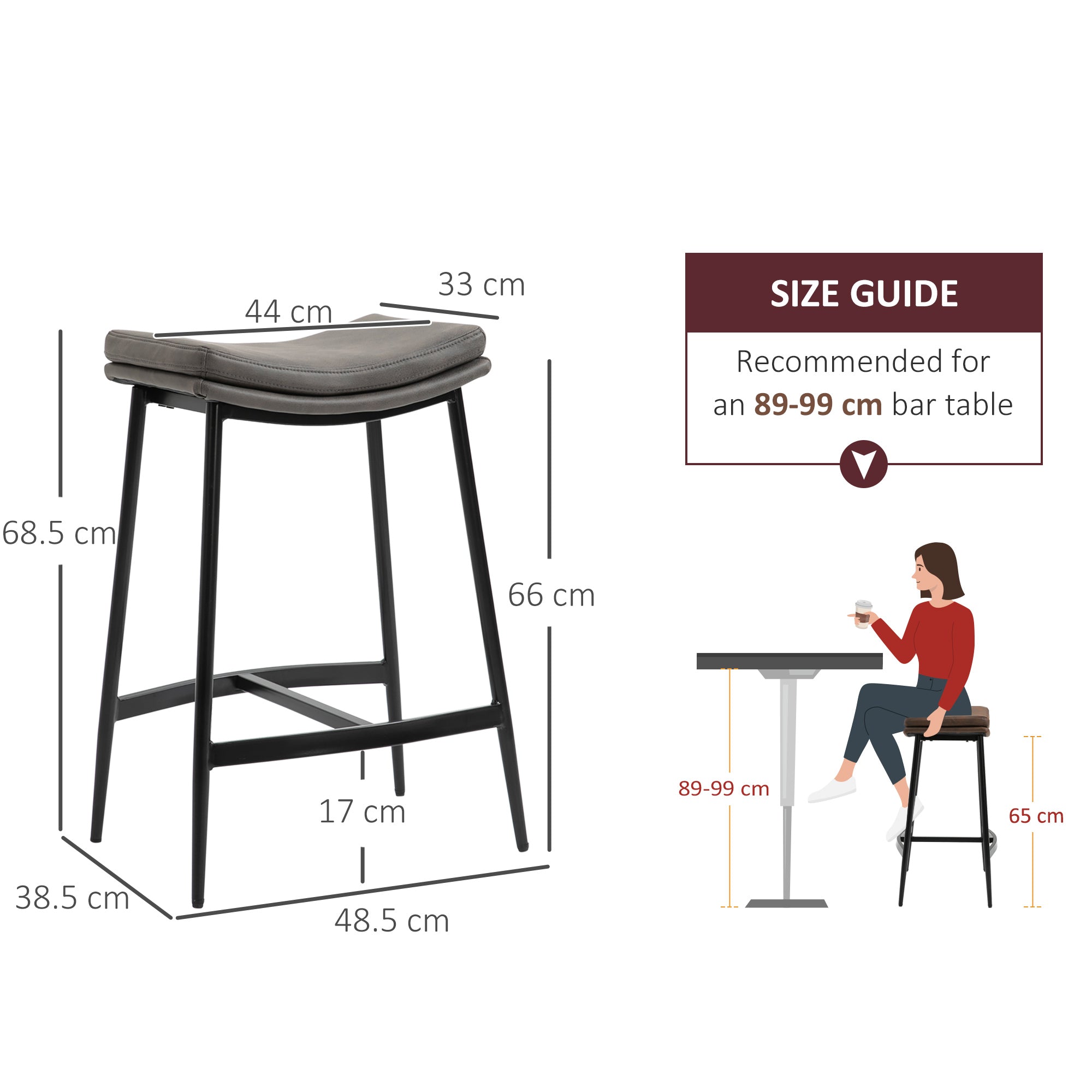 HOMCOM Breakfast Bar Stools Set of 2, Microfibre Upholstered Barstools, Industrial Bar Chairs with Curved Seat and Steel Frame for Dining Room, Kitchen, Grey - North Peak Garden Furniture