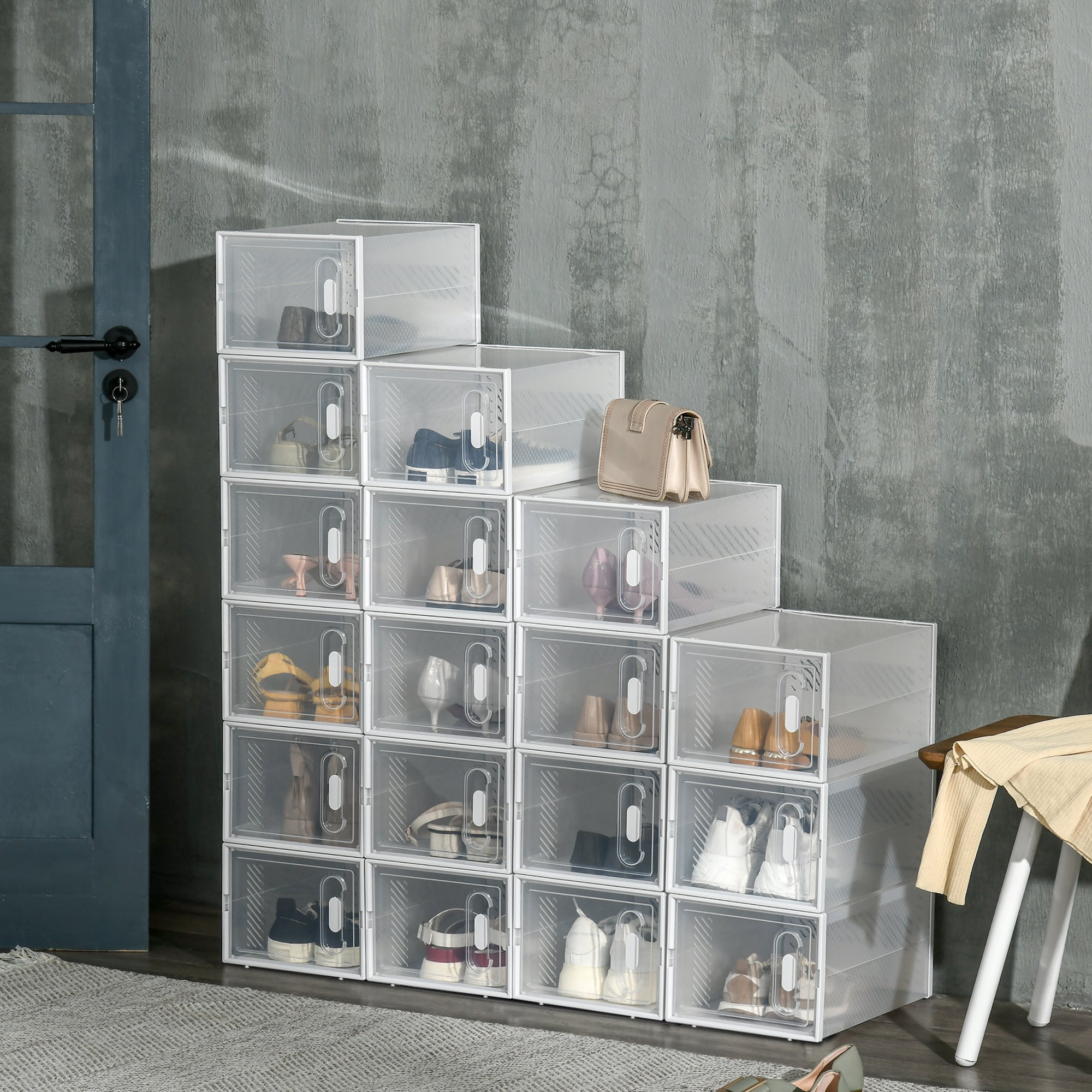 HOMCOM 18PCS Clear Shoe Box, Plastic Stackable Shoe Storage Box for UK/EU Size up to 8.5/43 with Magnetic Door for Women/Men, 25 x 35 x 19cm - North Peak Garden Furniture