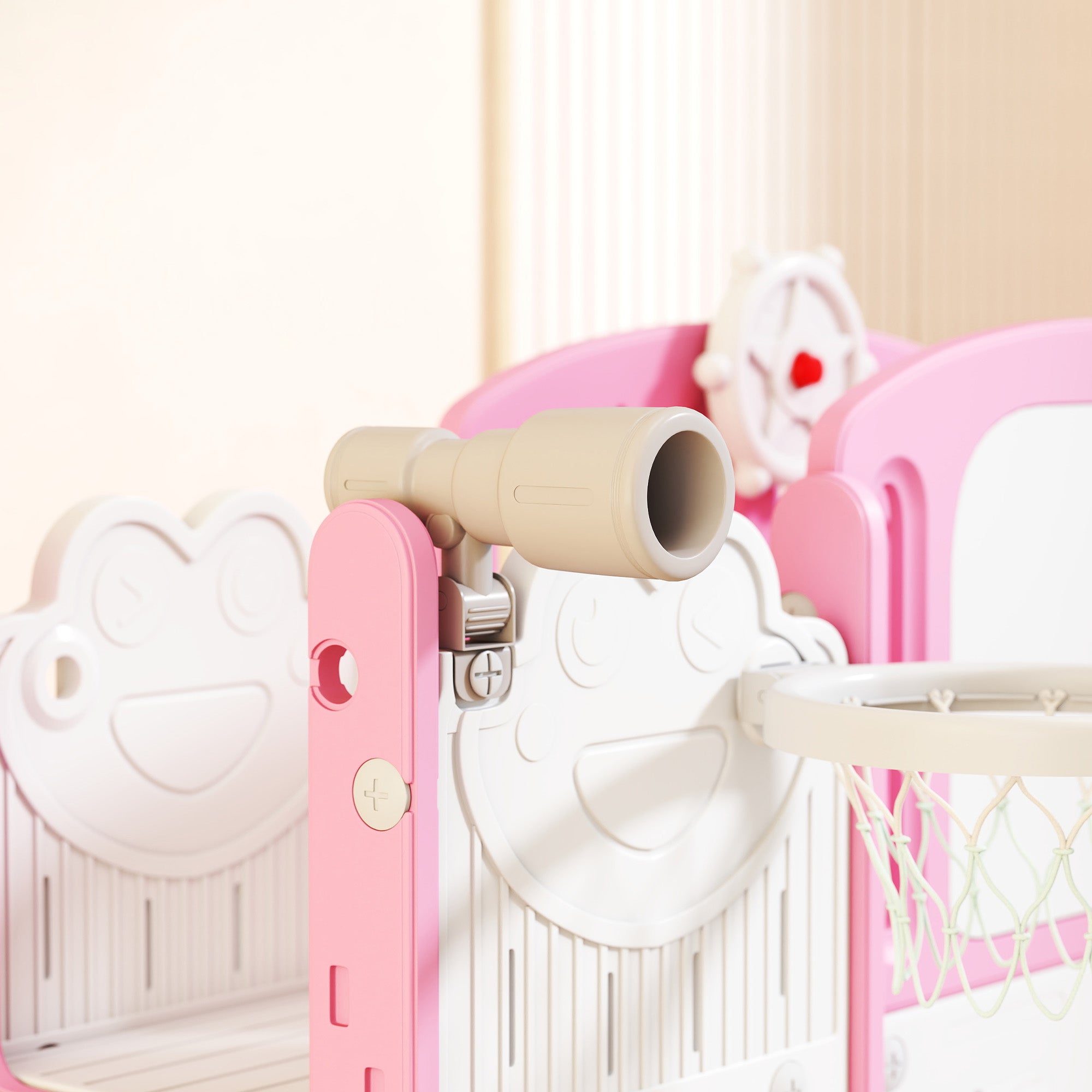 AIYAPLAY 7 in 1 Toddler Slide Set with Basketball Hoop, Climbing Frame, Telescope, Drawing Board, Storage Box, Pink
