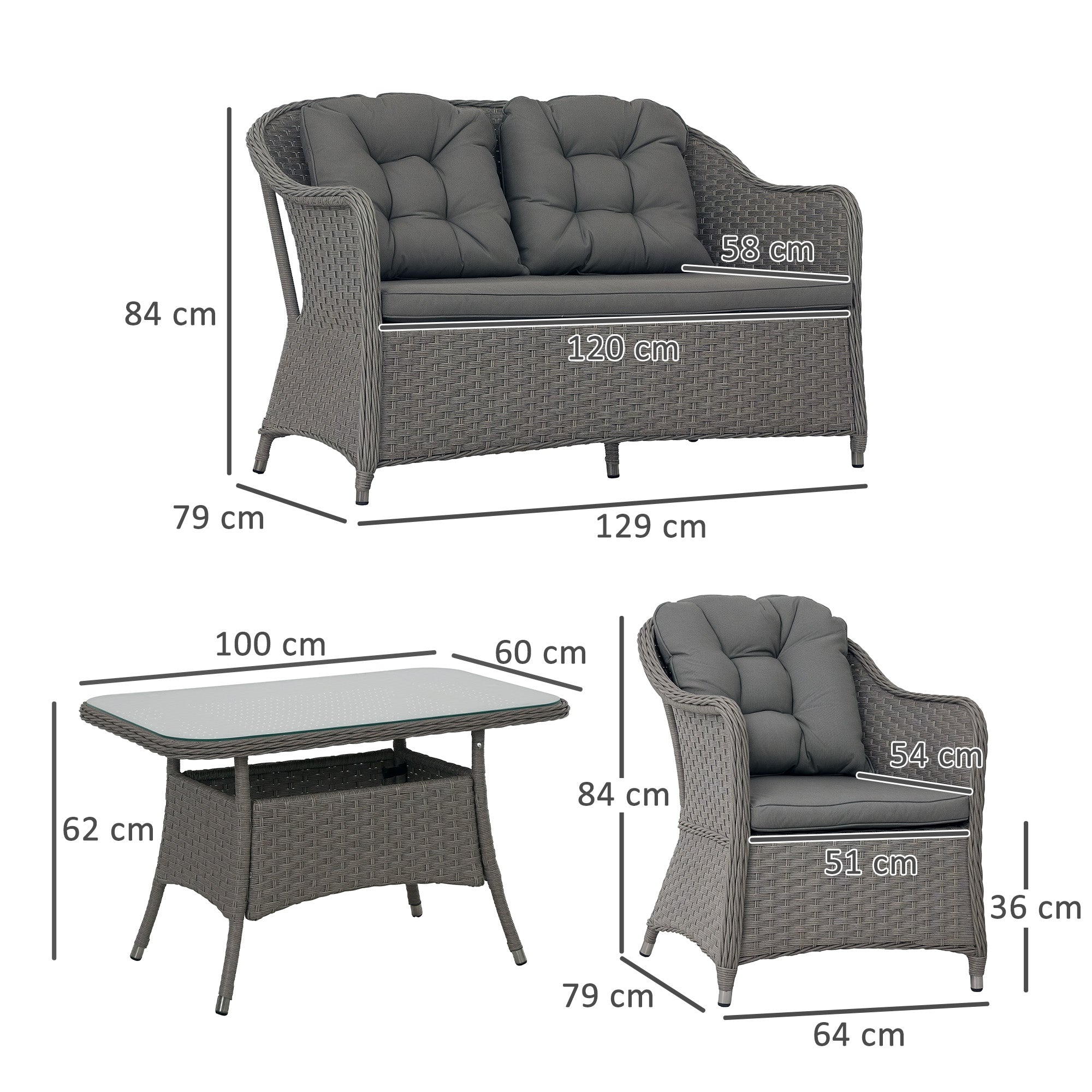 Outsunny Four-Piece Rattan Set, with Glass-Top Table - Light Grey - North Peak Garden Furniture
