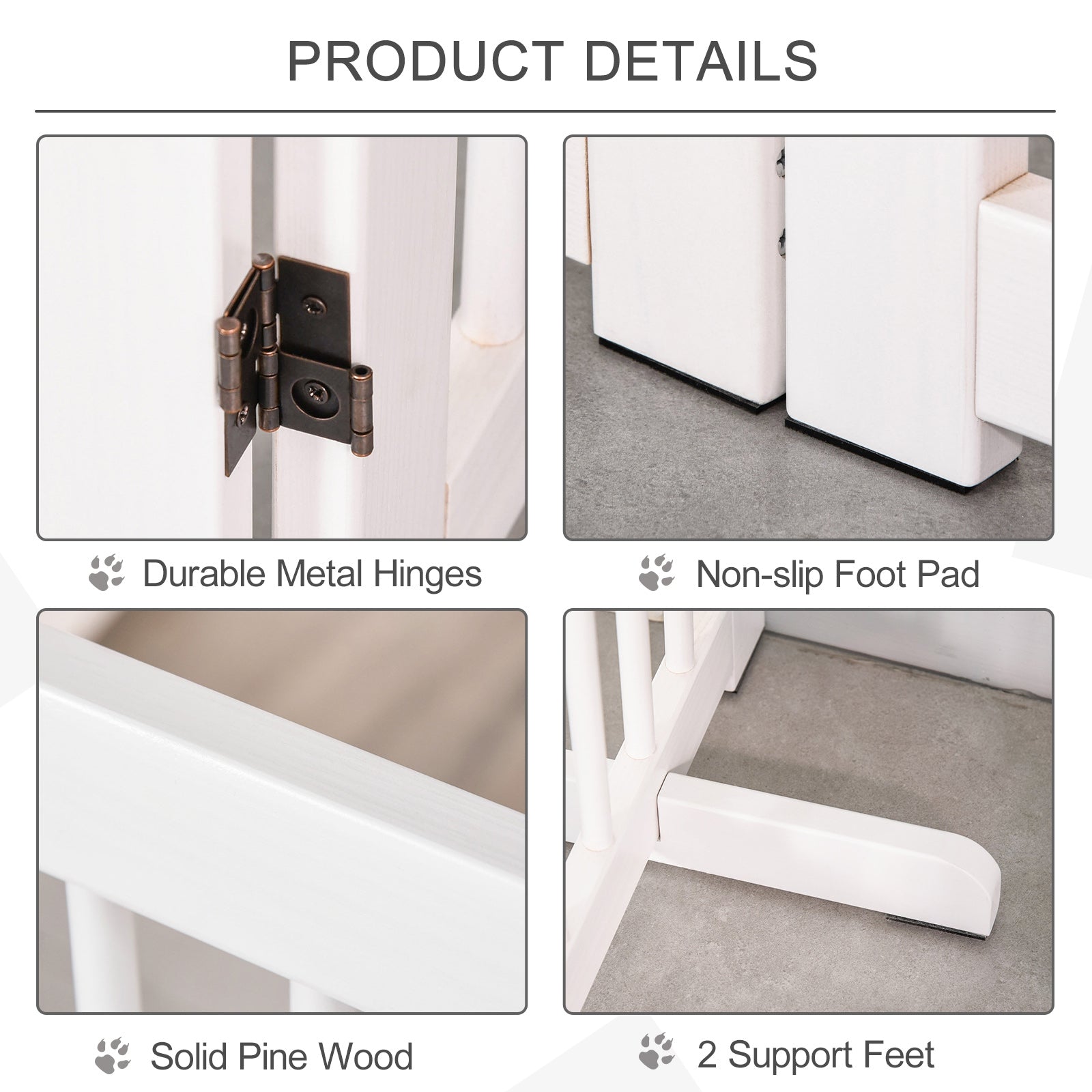PawHut Freestanding Pet Gate 4 Panels Wooden Dog Safety Fence Foldable with Support Feet for Doorway Stairs 91cm Tall White - North Peak Garden Furniture