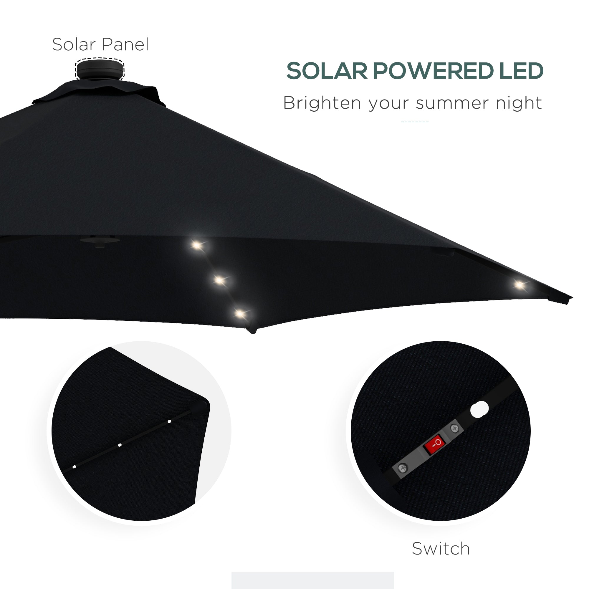 Outsunny 3(m) Garden Parasol Cantilever Umbrella with Solar LED, Cross Base and Waterproof Cover, Black - North Peak Garden Furniture