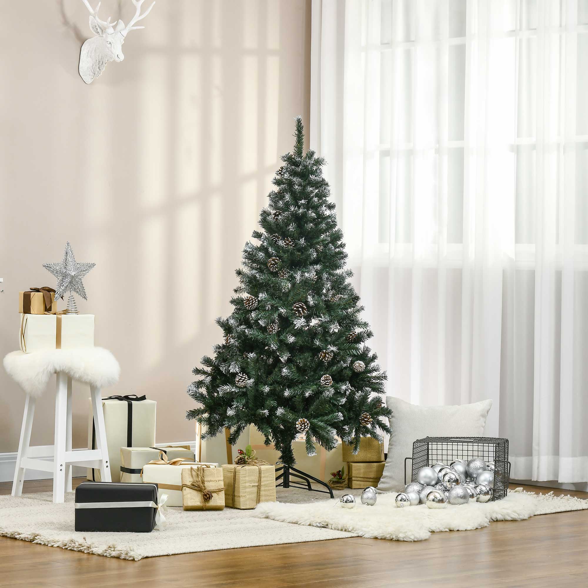 HOMCOM 5FT Artificial Christmas Tree with Pine Cones, Holiday Home Xmas Decoration Automatic Open, Green - North Peak Garden Furniture