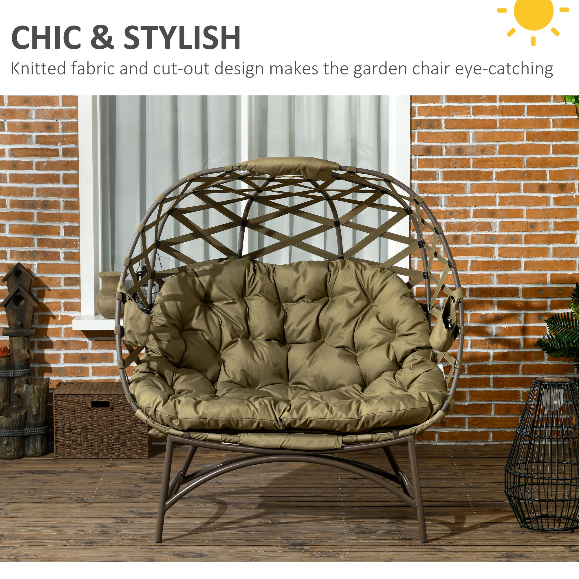 Outsunny 2 Seater Egg Chair Outdoor, Folding Weave Garden Furniture Chair with Cushion, Cup Pockets - Khaki - North Peak Garden Furniture