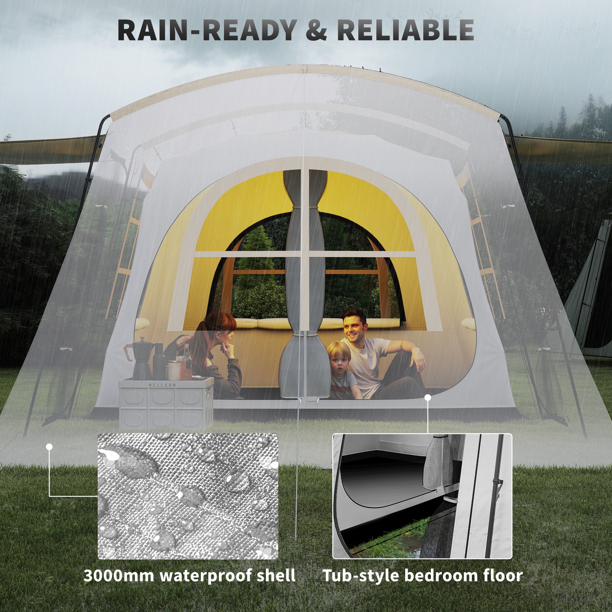 Outsunny 3-4 Man Tunnel Tent, Family Camping Tent with Porch, Bedroom and Living Area, Sewn in Groundsheet, 3000mm Waterproof, Portable with Bag for Hiking, Festival, Backpacking, Khaki