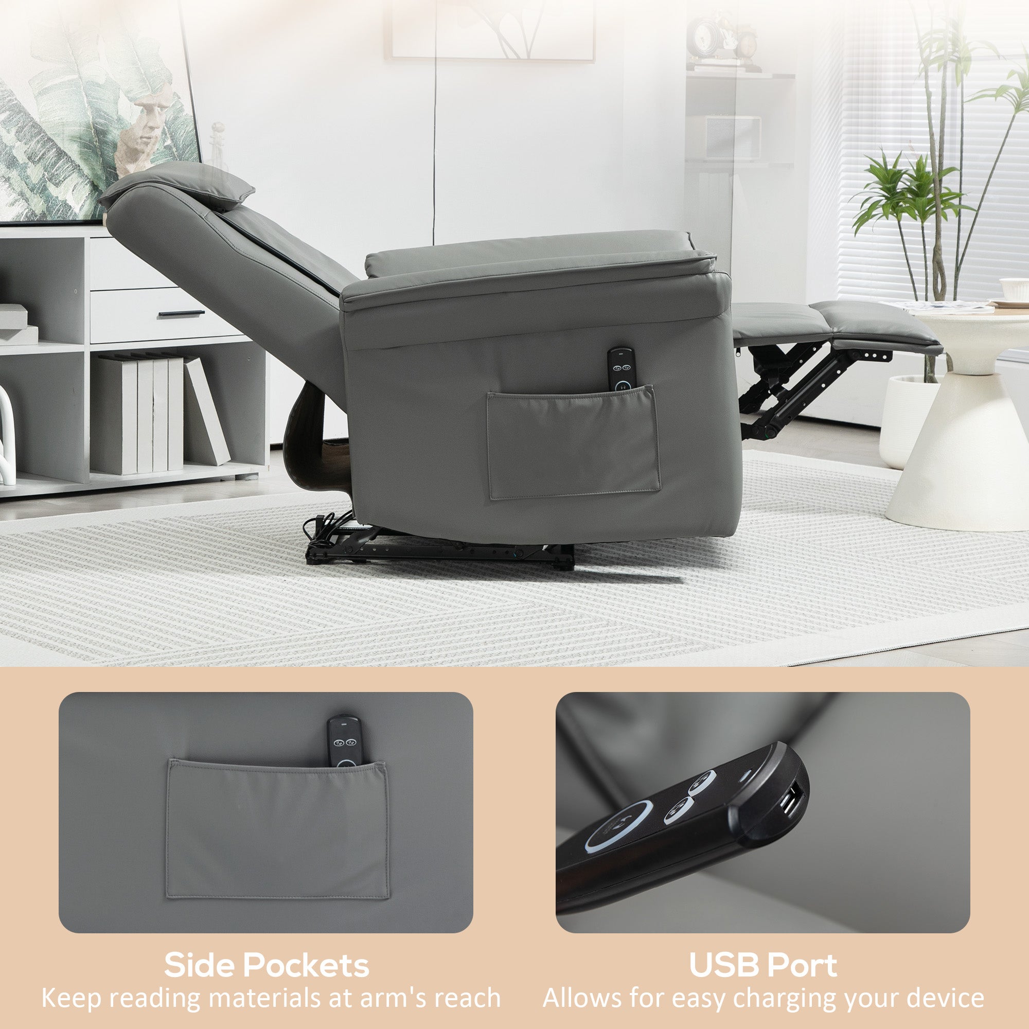 HOMCOM 3D Kneading Massage Recliner Chair with Headrest, Breathable Leather Recliner Armchair, Electric Reclining Chair with Footrest, Remote with USB Port, Side Pockets for Home, Grey - North Peak Garden Furniture